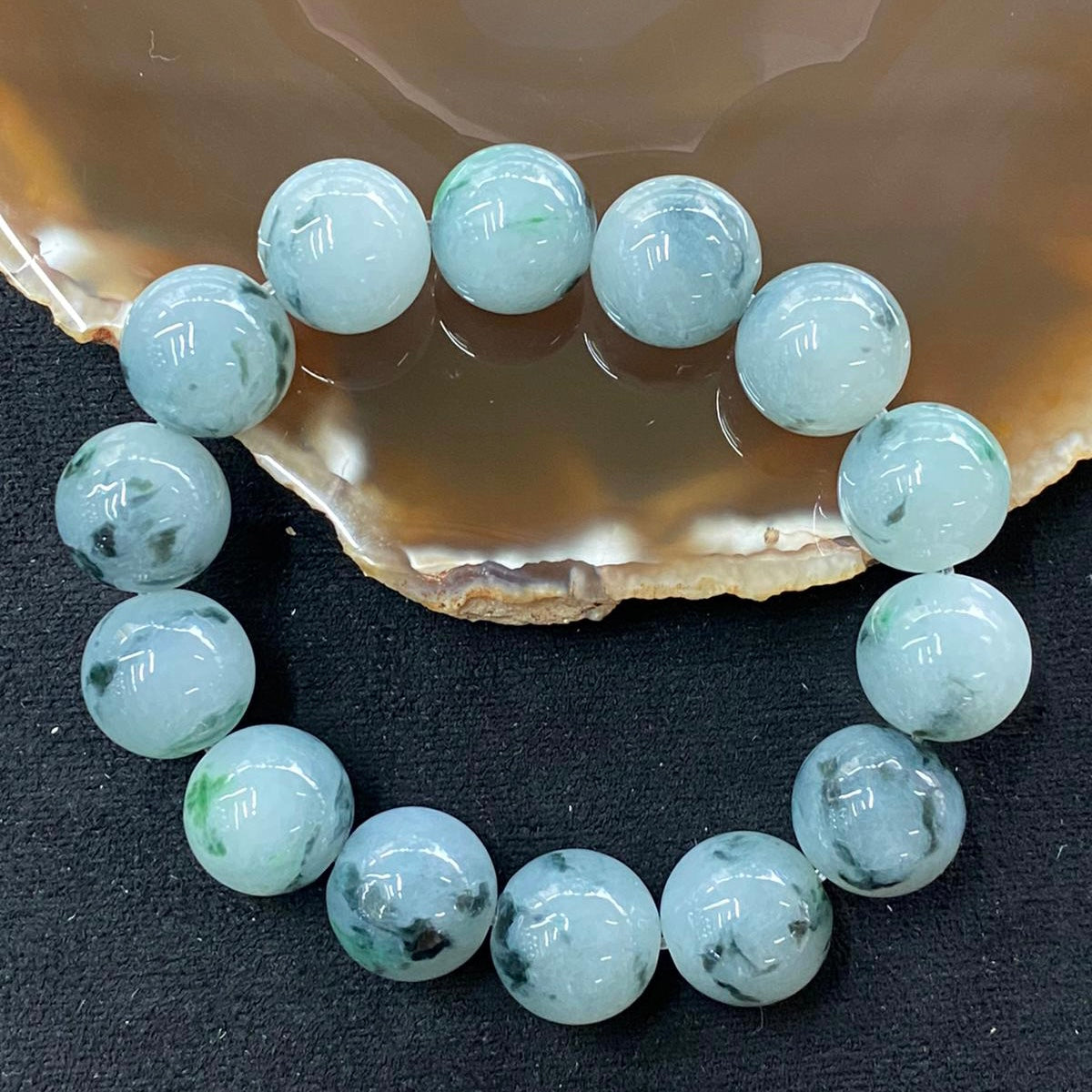 Type A Blueish Green Jade Jadeite Beads Bracelet - 81.88g 15.1mm/bead 14 beads - Huangs Jadeite and Jewelry Pte Ltd