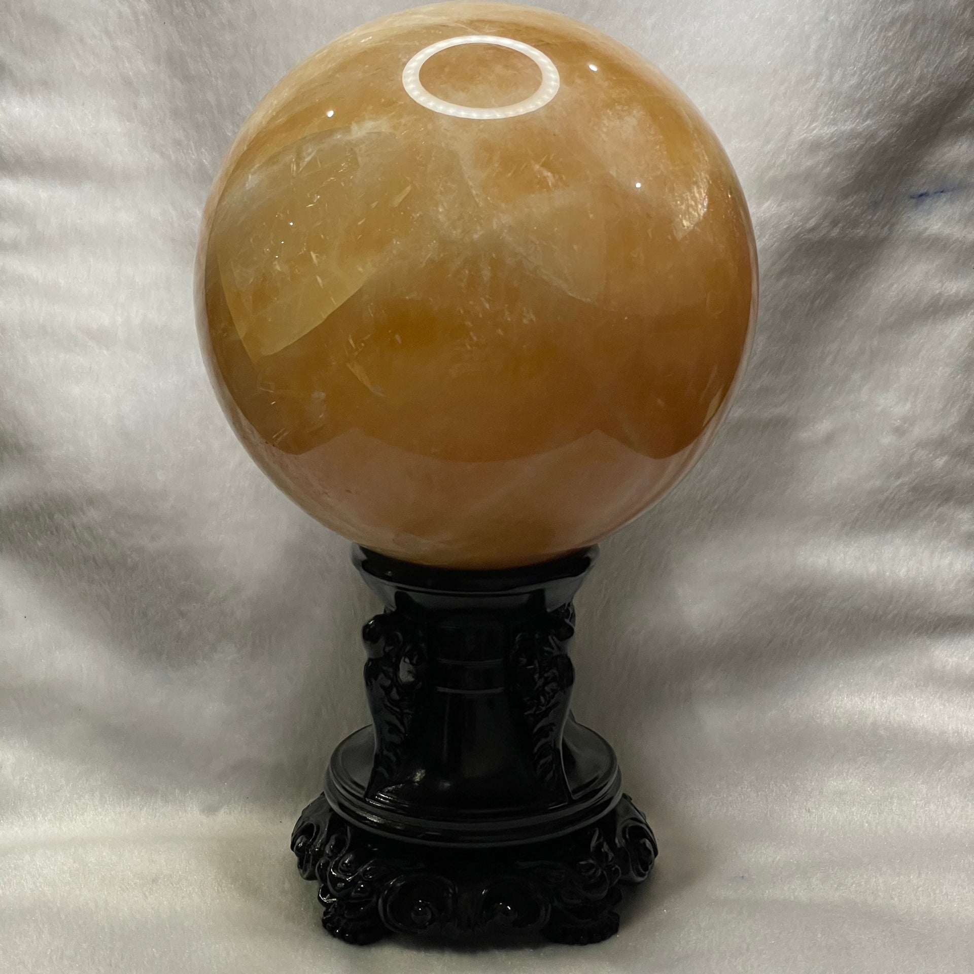 Natural Citrine Crystal Ball Display with Wooden Stand - 6555g Dimensions with Stand: 253.9 by 242.5 by 165.9mm Crystal Ball Dimensions: 139.2 by 139.2mm - Huangs Jadeite and Jewelry Pte Ltd