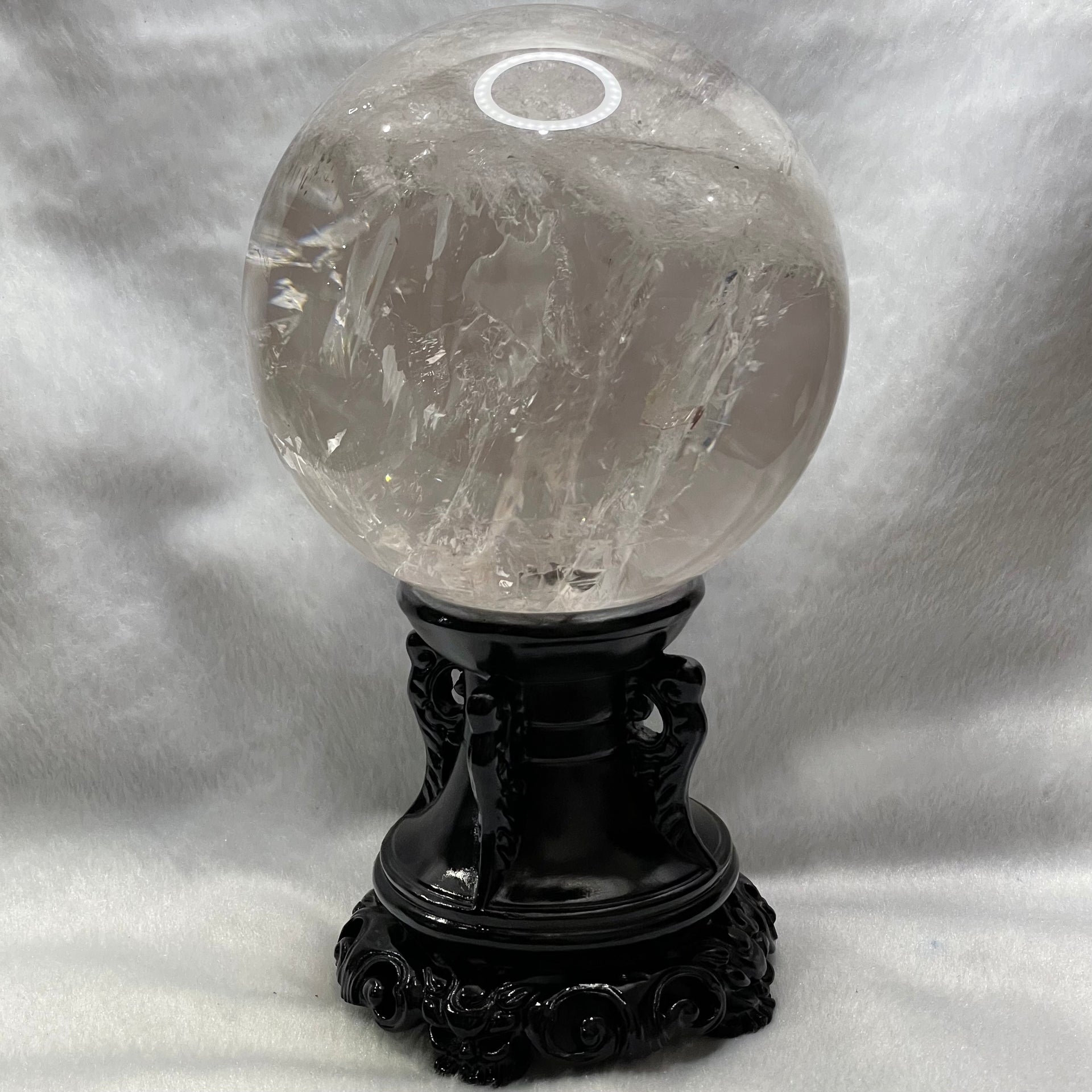 Natural Clear Quartz Crystal Ball Display with Wooden Stand - 2795g Dimensions with Stand: 212 by 204.2 by 136mm Crystal Ball Dimensions: 113.8 by 113.8mm - Huangs Jadeite and Jewelry Pte Ltd