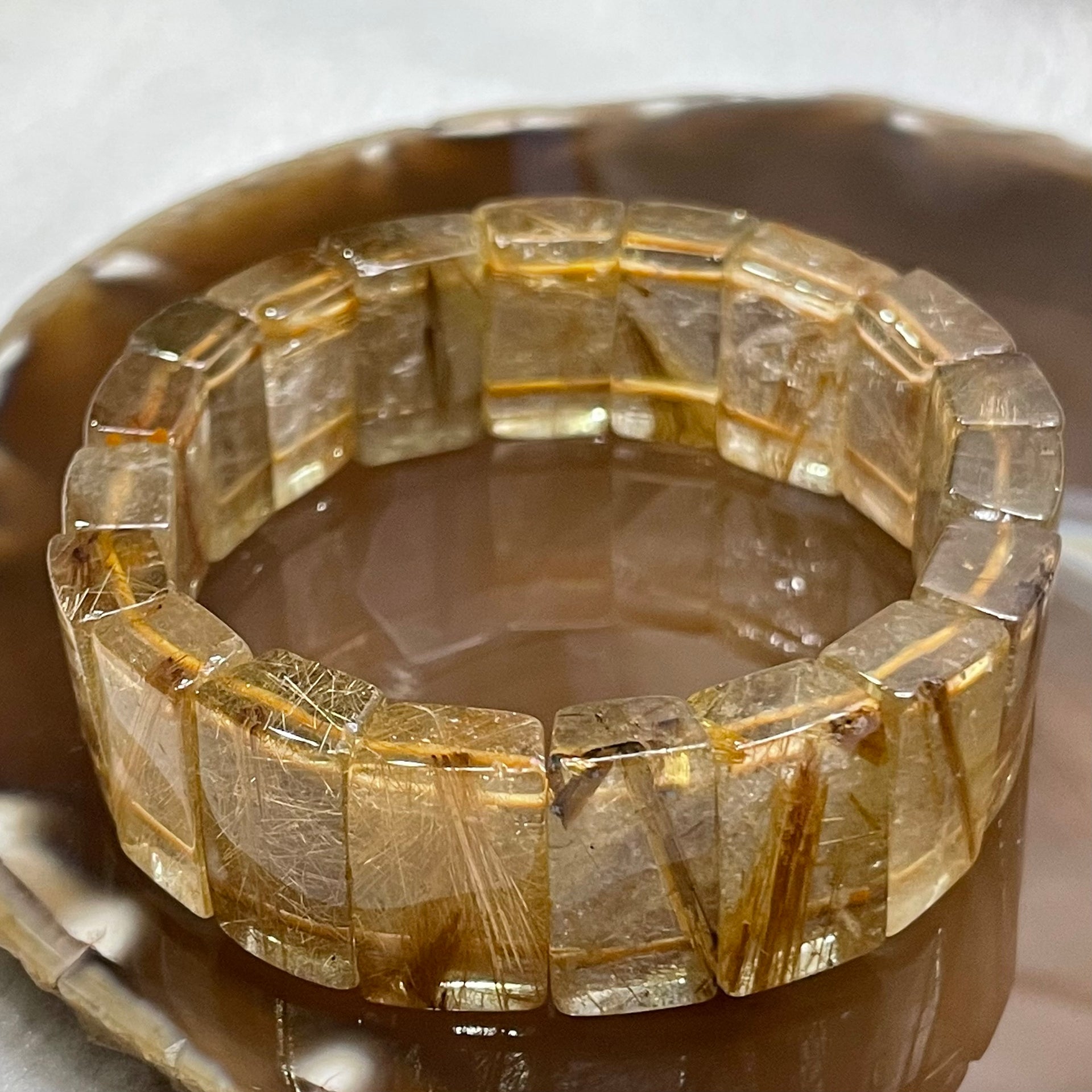 Natural Golden Rutilated Quartz Bracelet 手牌 - 68.99g 18.7 by 7.9mm/piece 19 pieces - Huangs Jadeite and Jewelry Pte Ltd