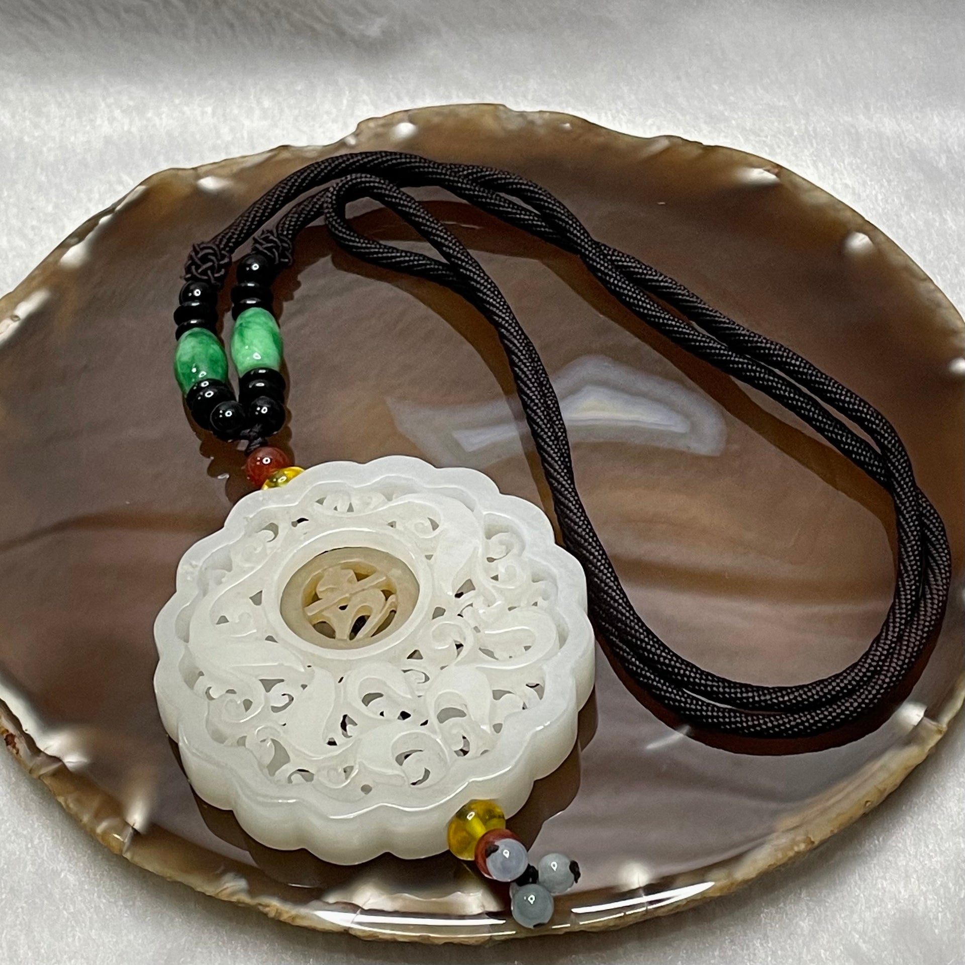 Natural Nephrite Hollow Carving 吉祥 Jade Necklace - 56.77g 58.0 by 58.0 by 11.1mm - Huangs Jadeite and Jewelry Pte Ltd