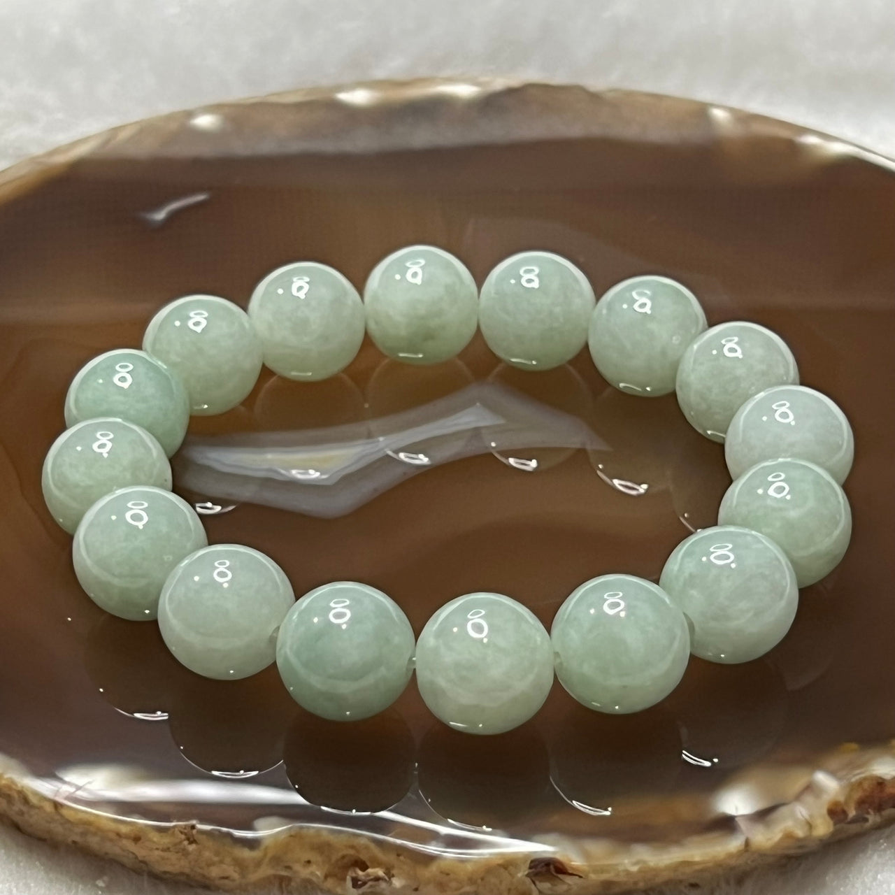 Type A Green Jade Jadeite Bracelet 60.12g 12.8mm/bead 16 beads - Huangs Jadeite and Jewelry Pte Ltd