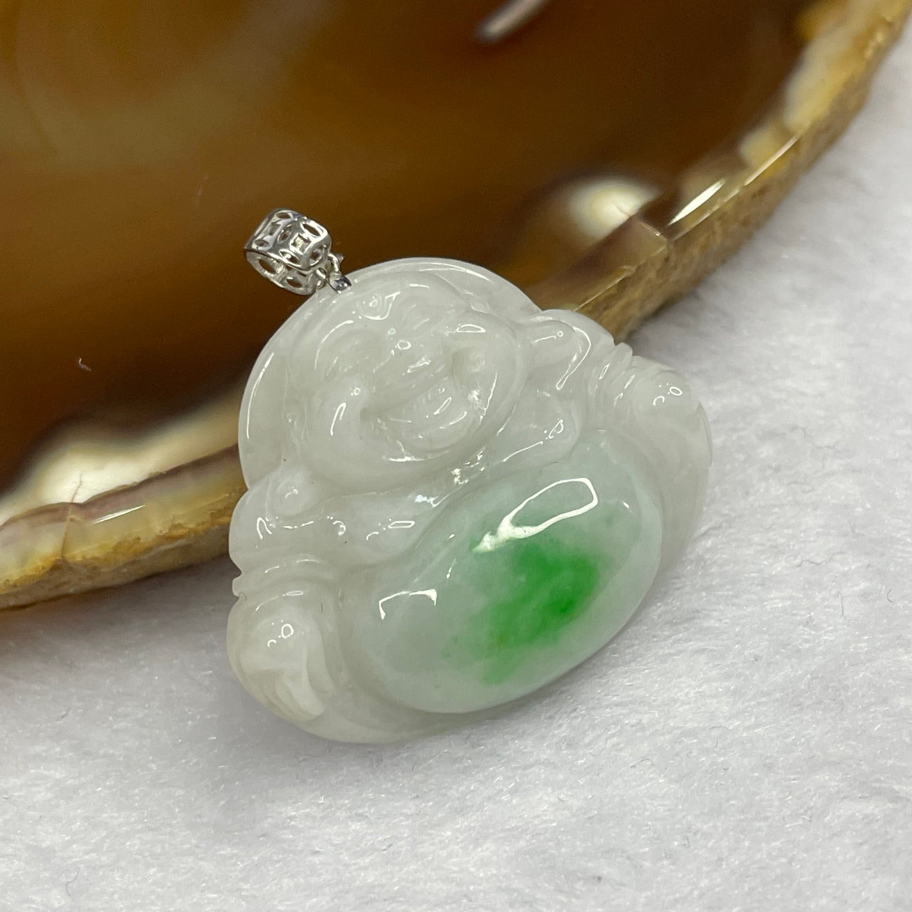 Type A Spicy Green Piao Hua Jade Jadeite Milo Buddha with 18K Gold Clasp -  6.51g 24.5 by 29.1 by 6.5mm - Huangs Jadeite and Jewelry Pte Ltd