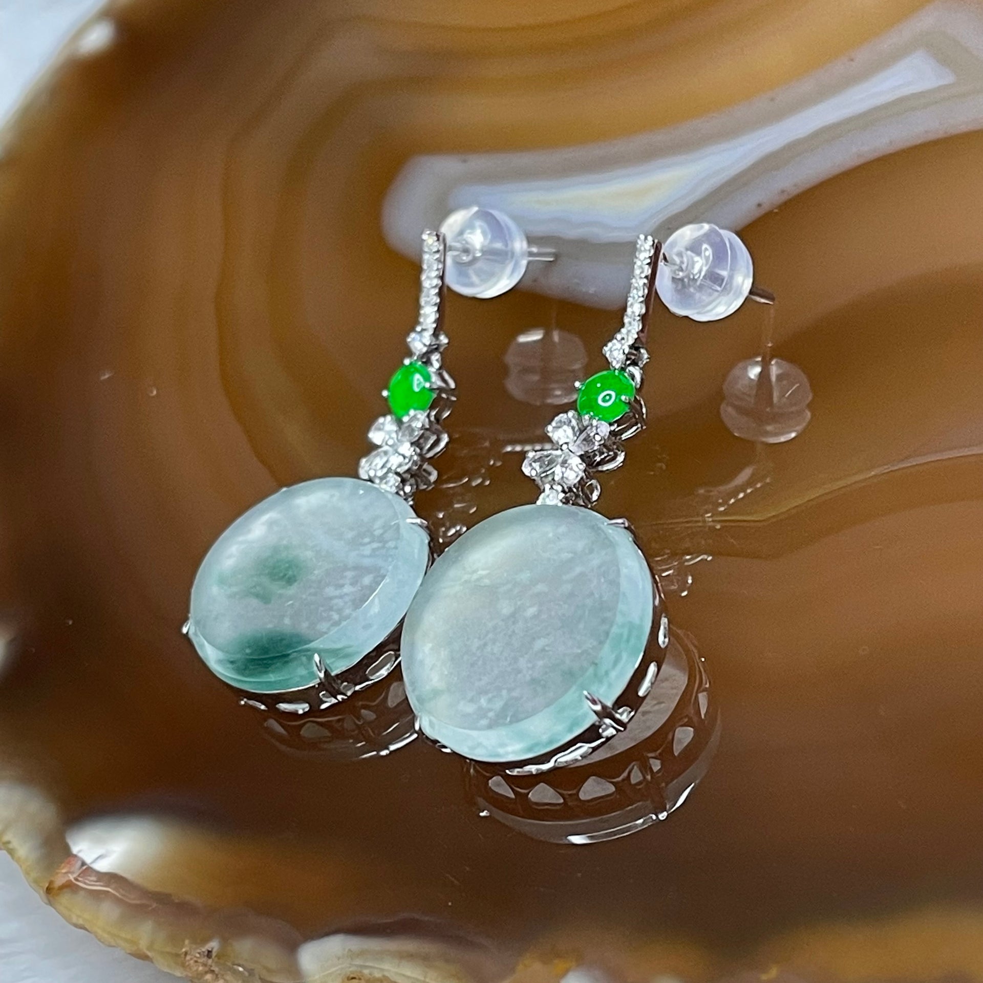 Type A Semi Icy Jade Jadeite Earrings 18k White gold, diamonds & white sapphires 5.08g 33.6 by 14.8 by 5.2mm - Huangs Jadeite and Jewelry Pte Ltd