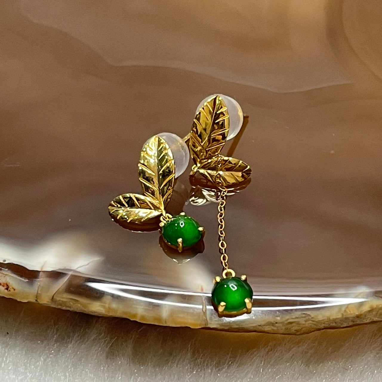 Type A Green Jade Jadeite Leaf Pair of Earrings with 18K Gold - 1.25g 4.3 by 4.3 by 2.5mm - Huangs Jadeite and Jewelry Pte Ltd