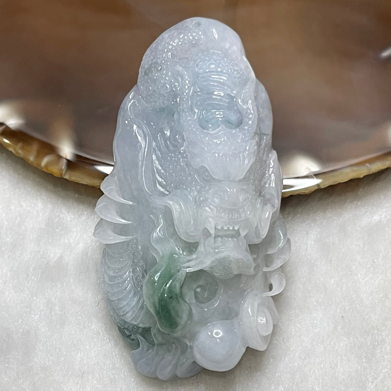 Type A Faint Grey & Green Jade Jadeite Dragon Pendant - 59.4g 67.8 by 36.4 by 24.8mm - Huangs Jadeite and Jewelry Pte Ltd