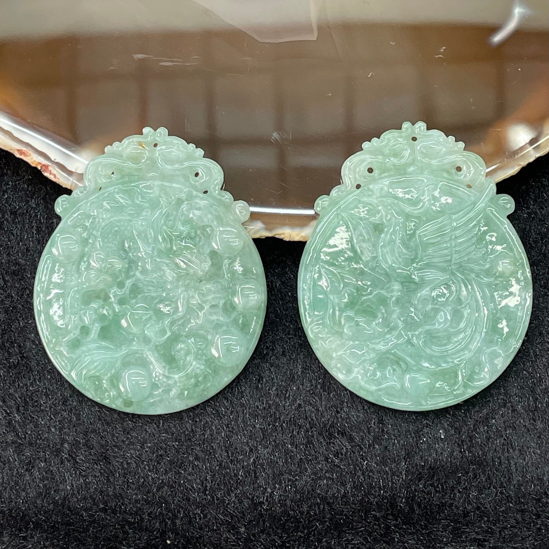 Type A Burmese Apple Green Jade Jadeite Dragon Phoenix Pendant - 36.62g 51.4 by 41.6 by 5.1mm each - Huangs Jadeite and Jewelry Pte Ltd