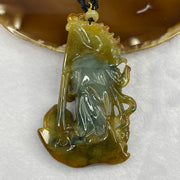 Grand Master Certified Type A Intense Yellow Guan Gong Pendant with Wooden Stand - 57.27g 78.4 by 47.9 by 13.4mm - Huangs Jadeite and Jewelry Pte Ltd