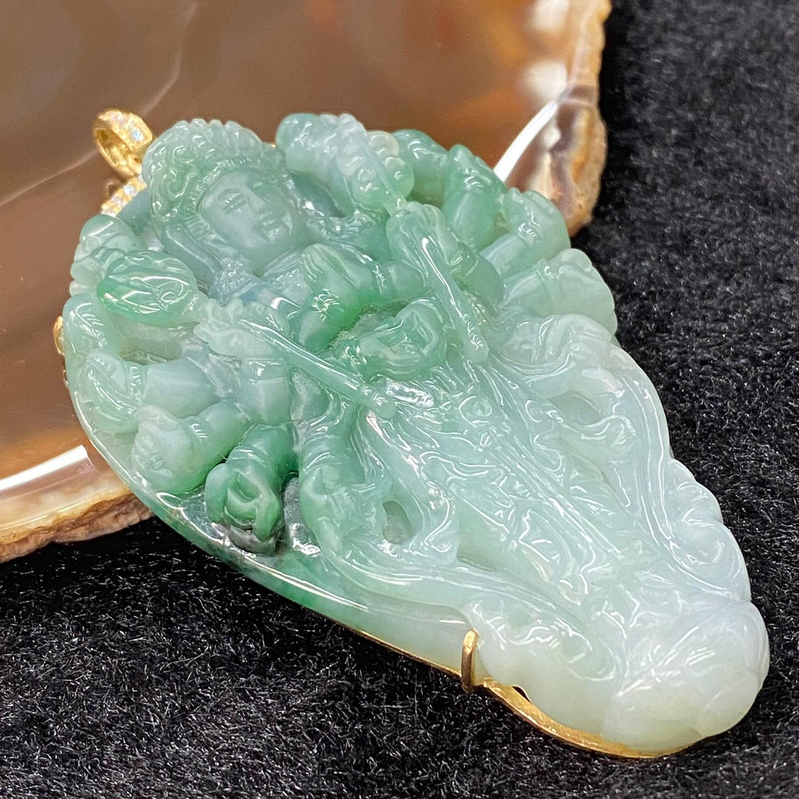 Type A Green Jadeite Thousand Hands Guan Yin set in 18k yellow gold & natural diamonds - 68.36g 74.4 by 43.2 by 14.1mm - Huangs Jadeite and Jewelry Pte Ltd