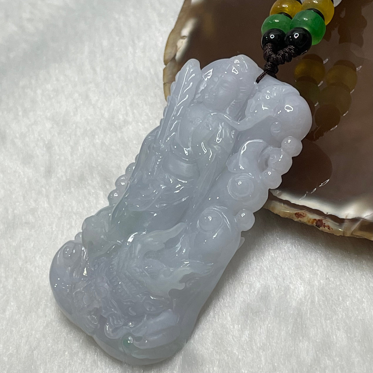 Type A Faint Green & Lavender Jade Jadeite Guan Yin & Dragon Necklace - 73.8g 69.6 by 42.0 by 13.0mm - Huangs Jadeite and Jewelry Pte Ltd