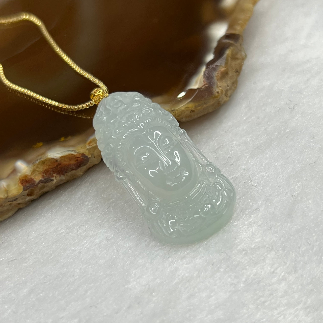 Type A Semi Icy Green Jade Jadeite Guan Yin Head Pendant with 18k Gold Clasp - 7.28g 13.8 by 16.3 by 6.7 mm - Huangs Jadeite and Jewelry Pte Ltd