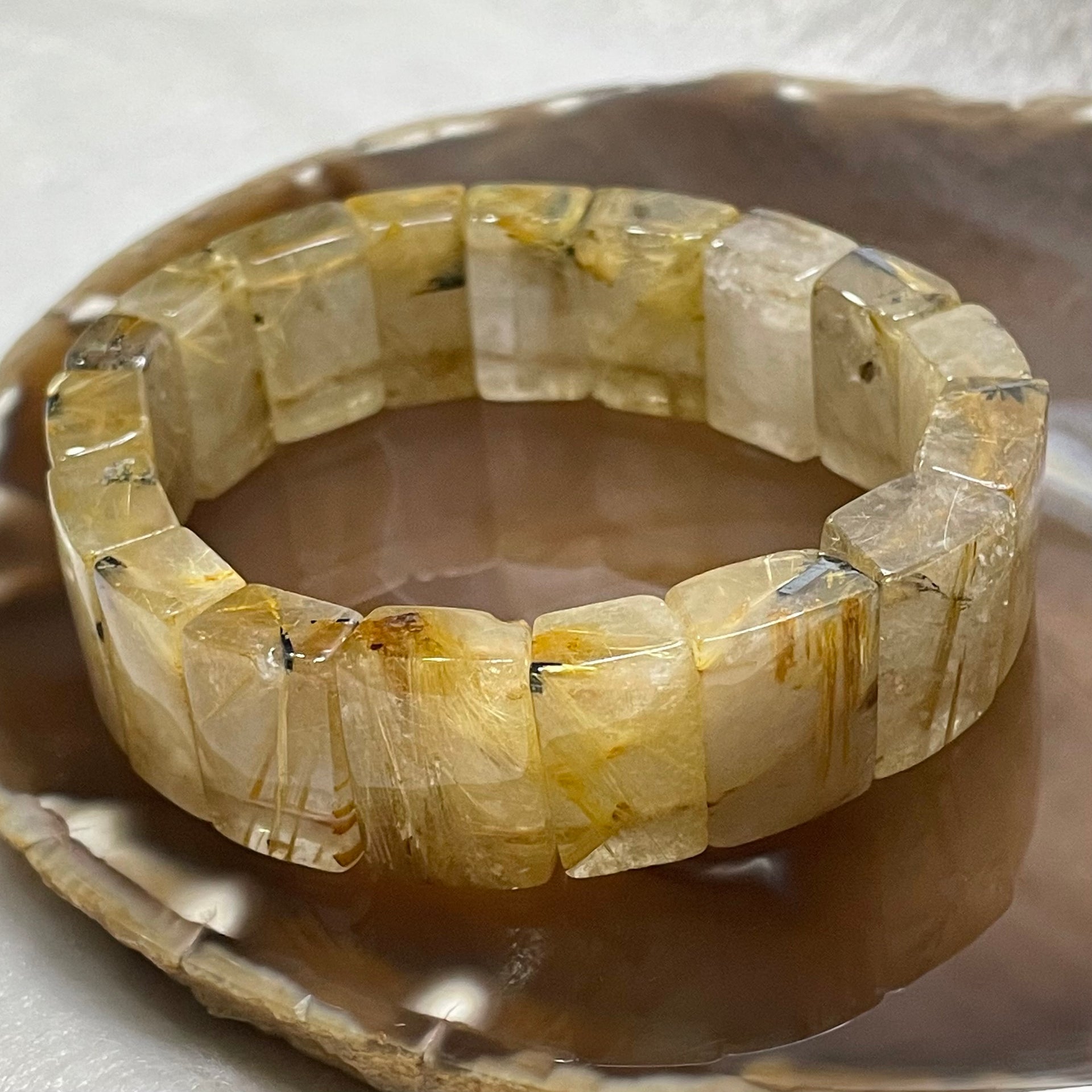 Natural Golden Rutilated Quartz Bracelet 手牌 - 75.17g 18.6 by 13.4 by 8.1mm/piece 18 pieces - Huangs Jadeite and Jewelry Pte Ltd