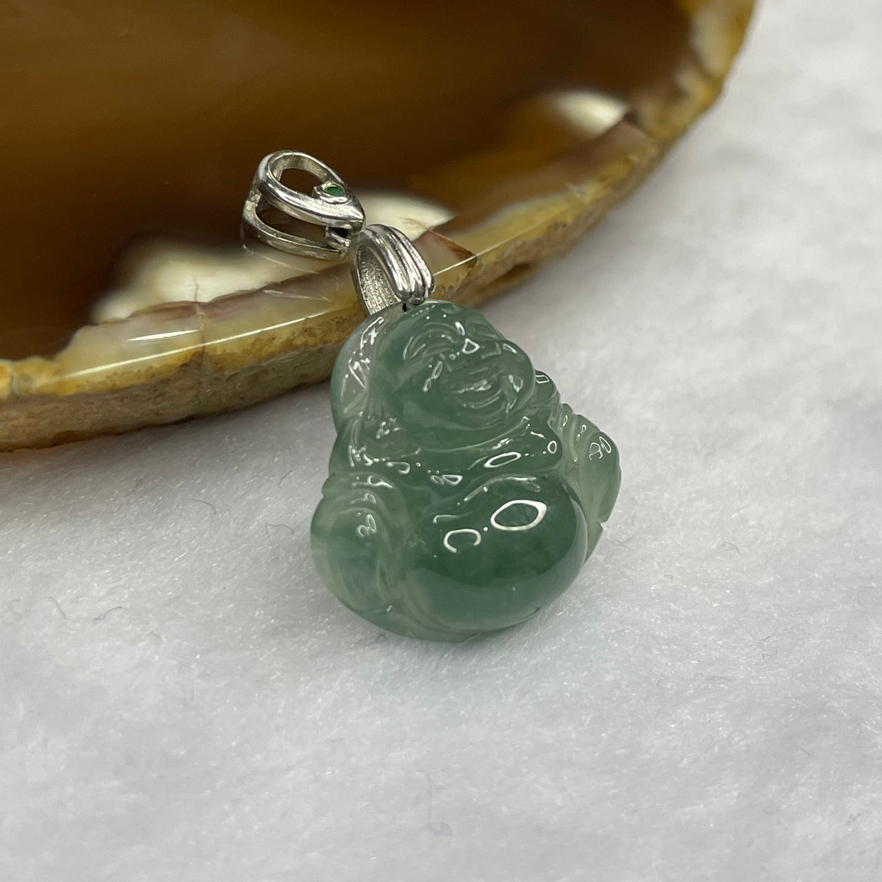 Type A Icy Green Milo Buddha Jade Jadeite Pendant with 925 Silver Clasp - 4.86g 17.7 by 18.3 by 5.9mm - Huangs Jadeite and Jewelry Pte Ltd