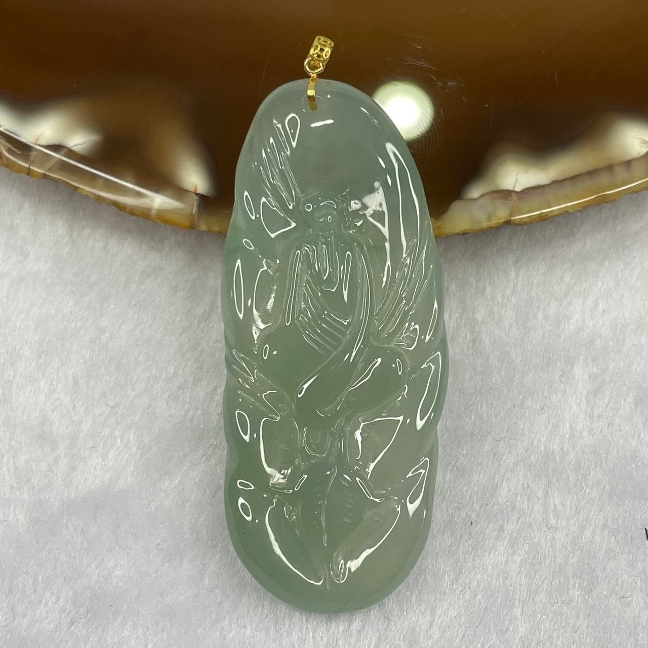 Type A Semi Icy Green Jadeite Gui Ren Pendant with 18k Gold Clasp - 15.80g 52.9 by 22.5 by 6.0mm - Huangs Jadeite and Jewelry Pte Ltd