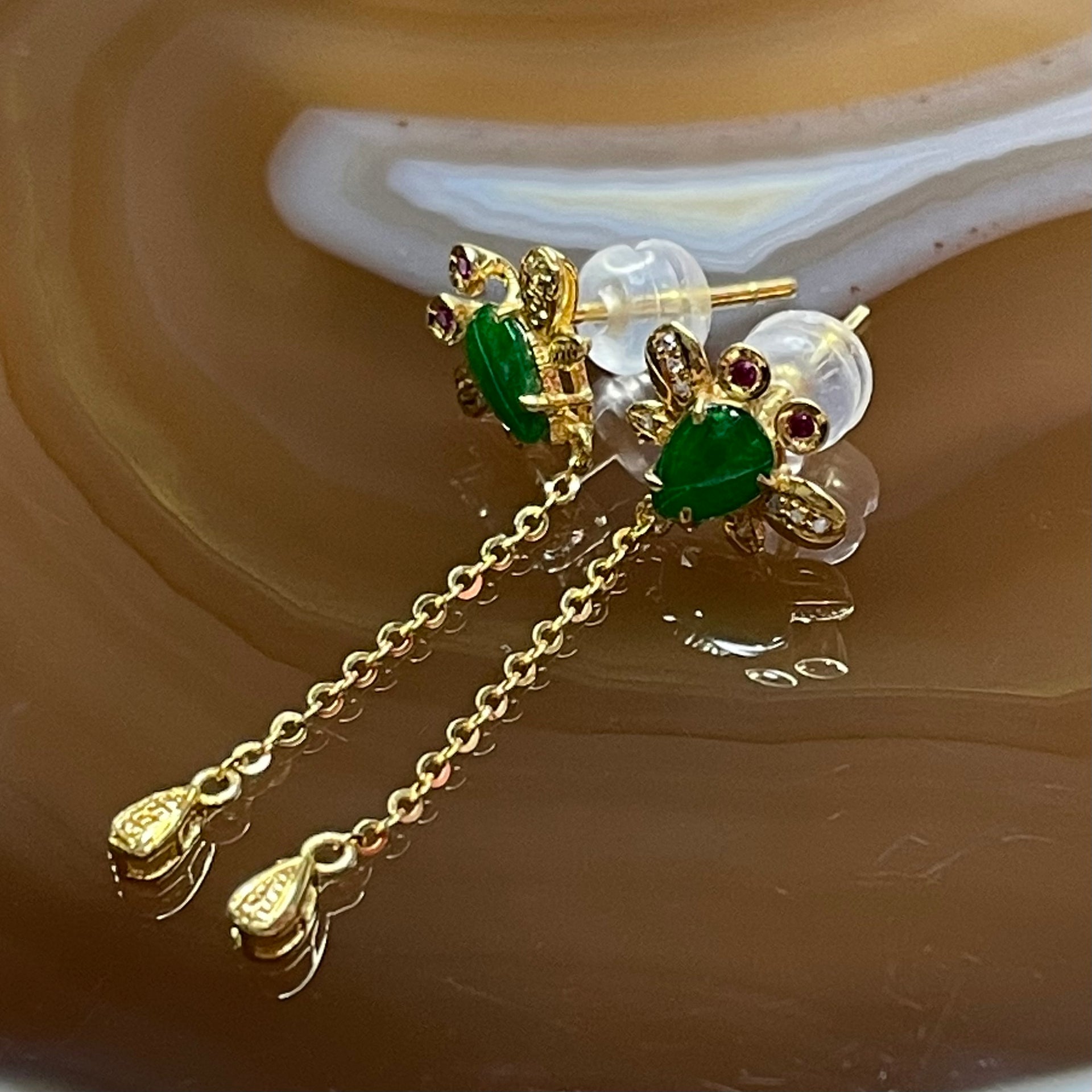 Type A Spicy Green Jade Jadeite Fly Earrings 18K Yellow Gold 1.57g 33.7 by 10.3 by 3.1mm - Huangs Jadeite and Jewelry Pte Ltd