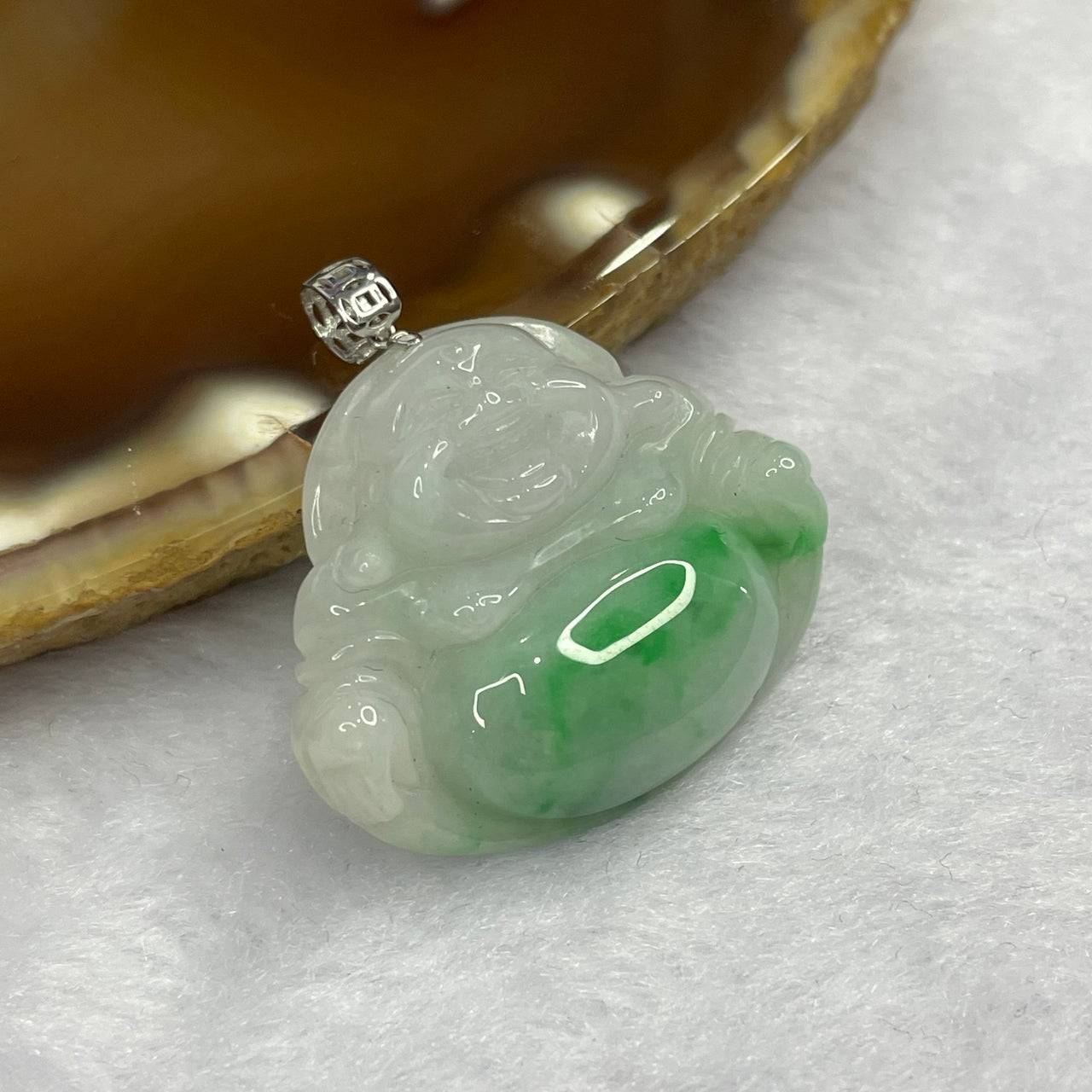 Type A Spicy Green Piao Hua Jade Jadeite Milo Buddha with 18K Gold Clasp -  6.11g 23.4 by 28.1 by 6.6mm - Huangs Jadeite and Jewelry Pte Ltd