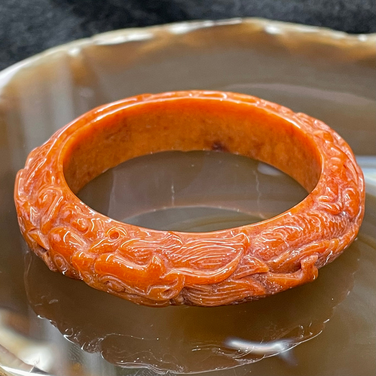 Type A Burmese Red Jade Dragon & Phoenix Bangle - 46.22g 47.2mm inner diameter 13.7mm thickness - Huangs Jadeite and Jewelry Pte Ltd