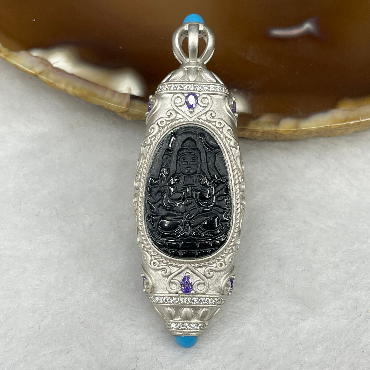 Type A Black Jade Jadeite Thousand Hand Guan Yin With 925 Silver Setting 13.15g 58.2 by 19.3 by 9.1mm - Huangs Jadeite and Jewelry Pte Ltd