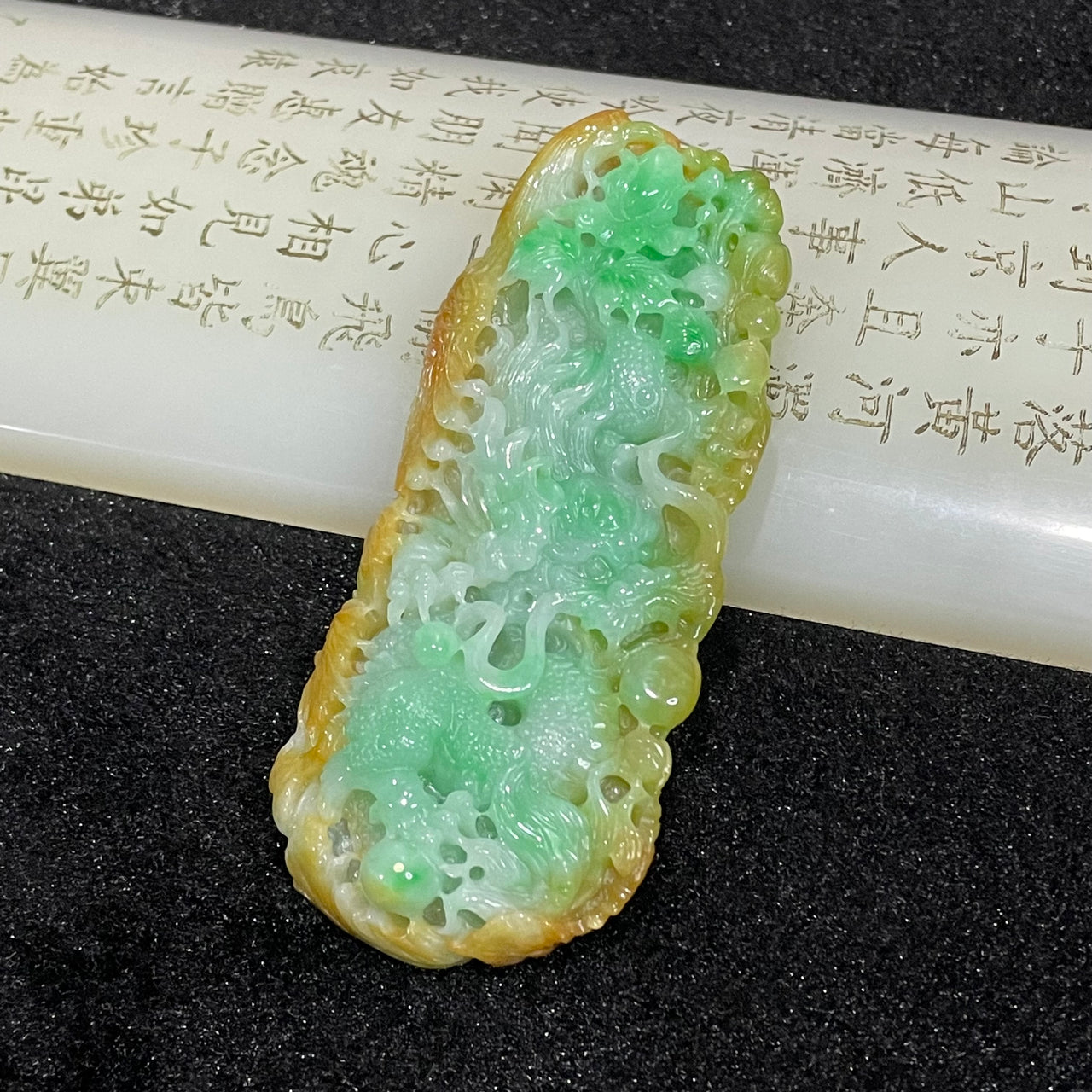 High Quality Type A Spicy Green & Yellow Jade Jadeite Dragon Phoenix Pendant - 55.16g 80.6 by 35.9 by 13.9mm - Huangs Jadeite and Jewelry Pte Ltd