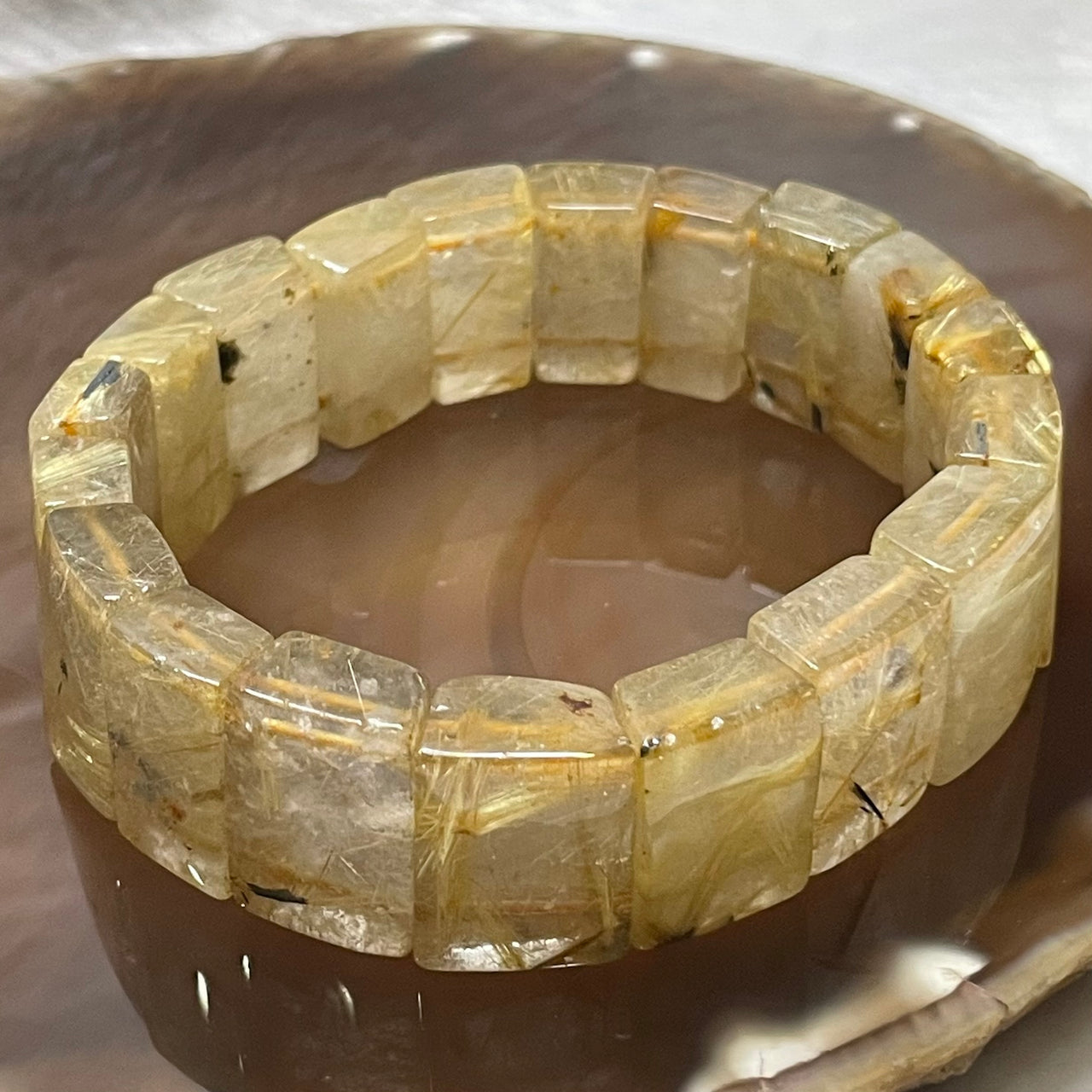 Natural Golden Rutilated Quartz Bracelet 手牌 - 69.55g 18.6 by 14.8 by 9.0mm/piece 19 pieces - Huangs Jadeite and Jewelry Pte Ltd