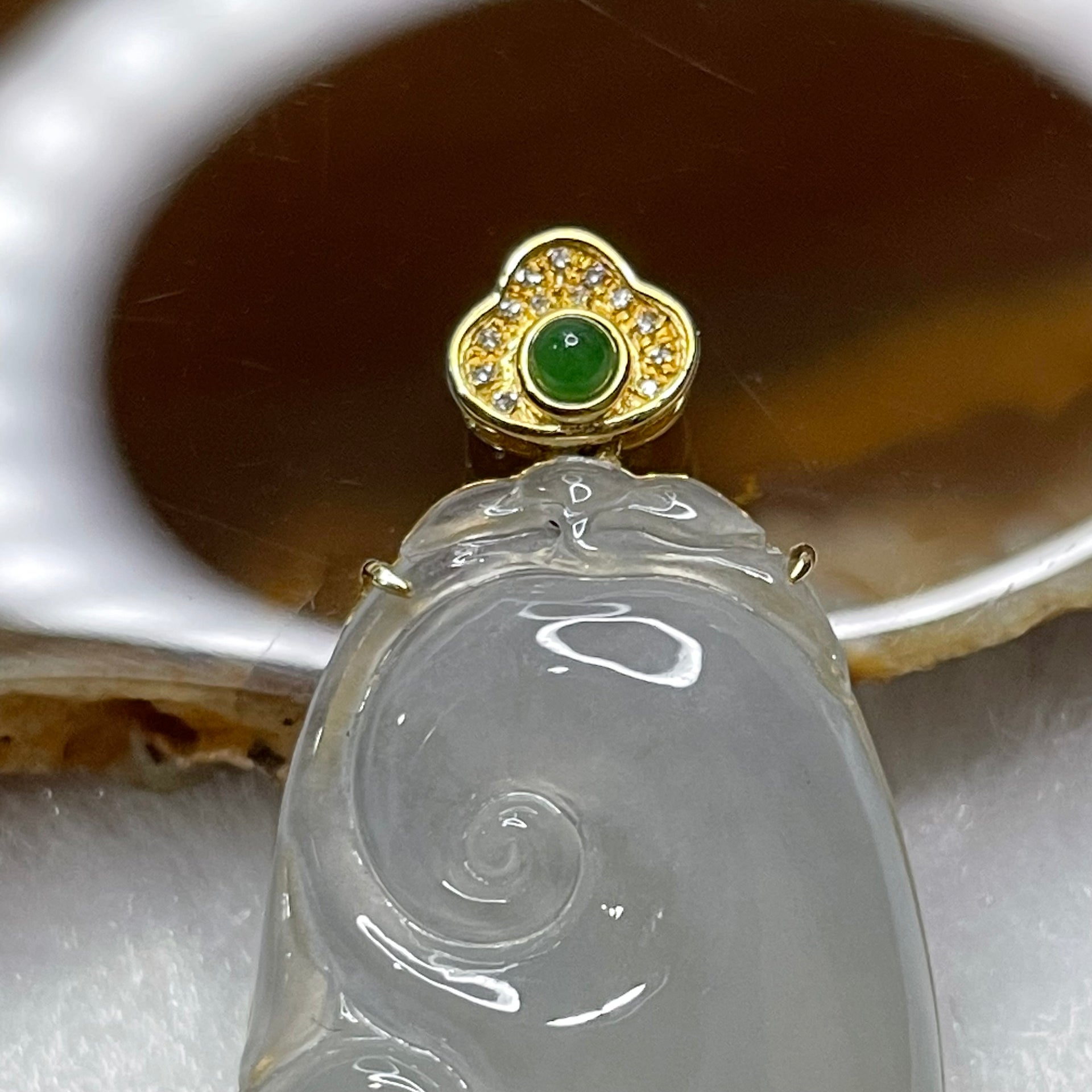 Type A Semi Icy Ruyi Jade Jadeite 18k Yellow Gold 4.84g 33.9 by 19.6 by 4.9mm - Huangs Jadeite and Jewelry Pte Ltd