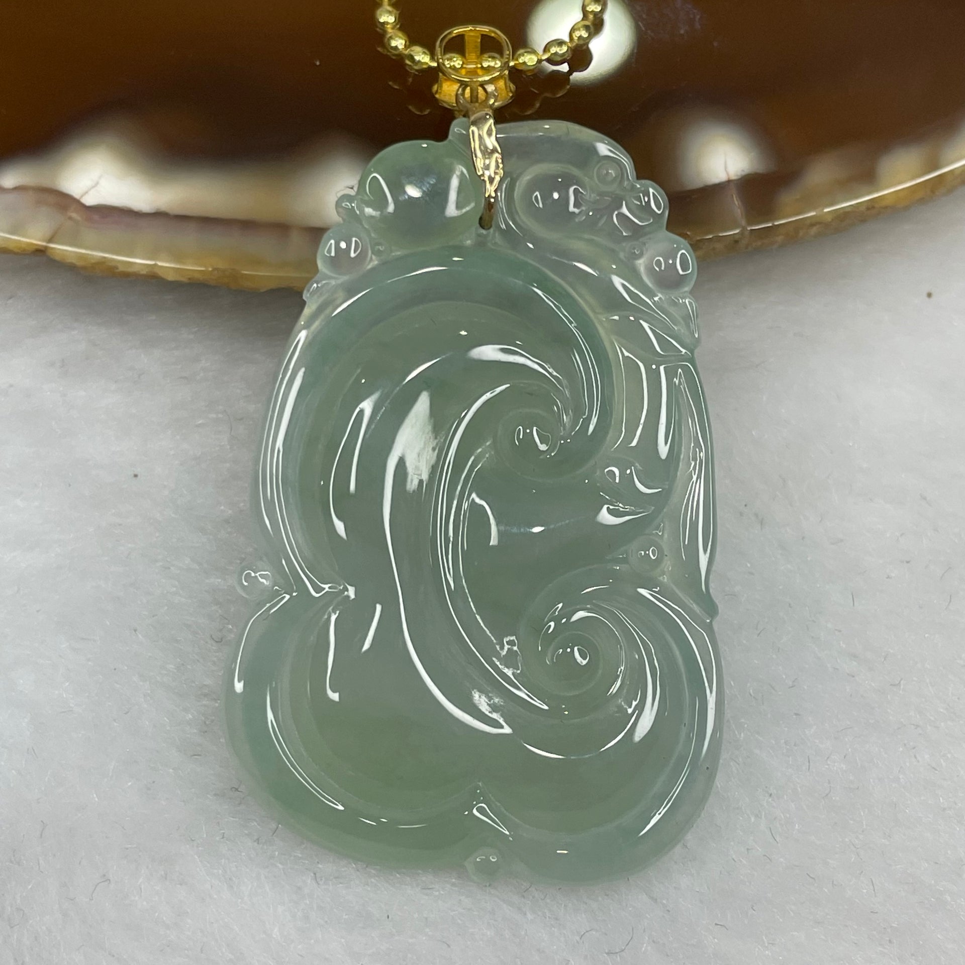 Grand Master Certified Type A Icy Sky Blue Jade Jadeite Ruyi Pendant with 18K Clasp and Gold Plated Chain - 10.92g 39.2 by 25.7 by 5.0 mm - Huangs Jadeite and Jewelry Pte Ltd