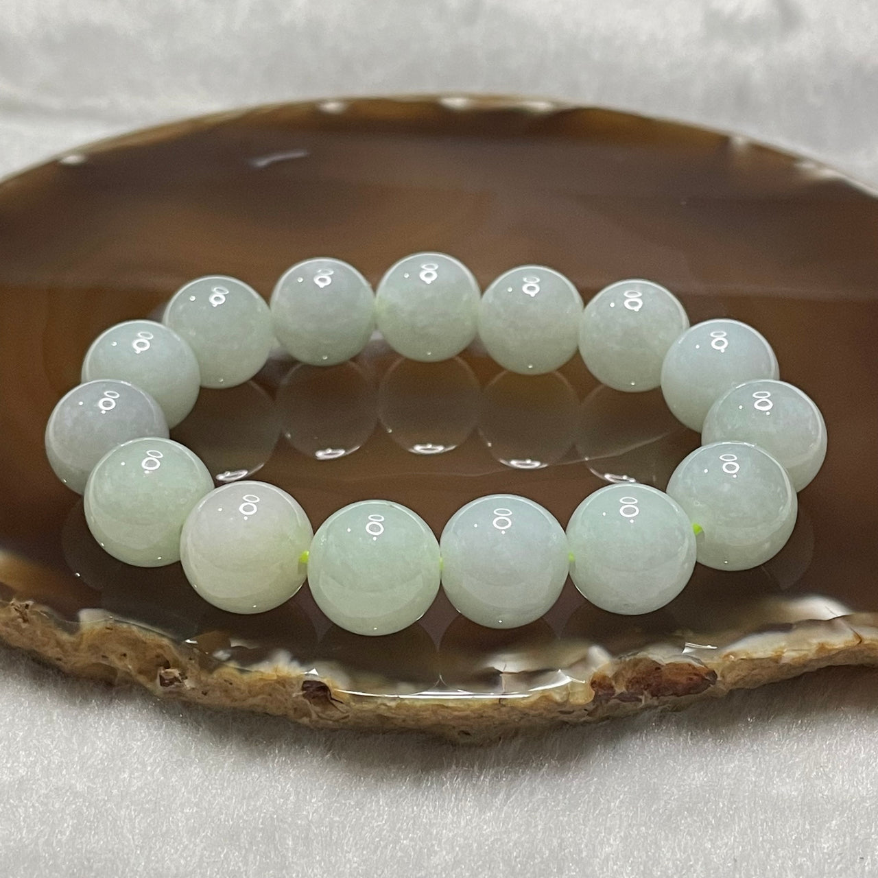 Type A Light Green Jade Jadeite Bracelet 58.52g 13.1mm/bead 15 beads - Huangs Jadeite and Jewelry Pte Ltd