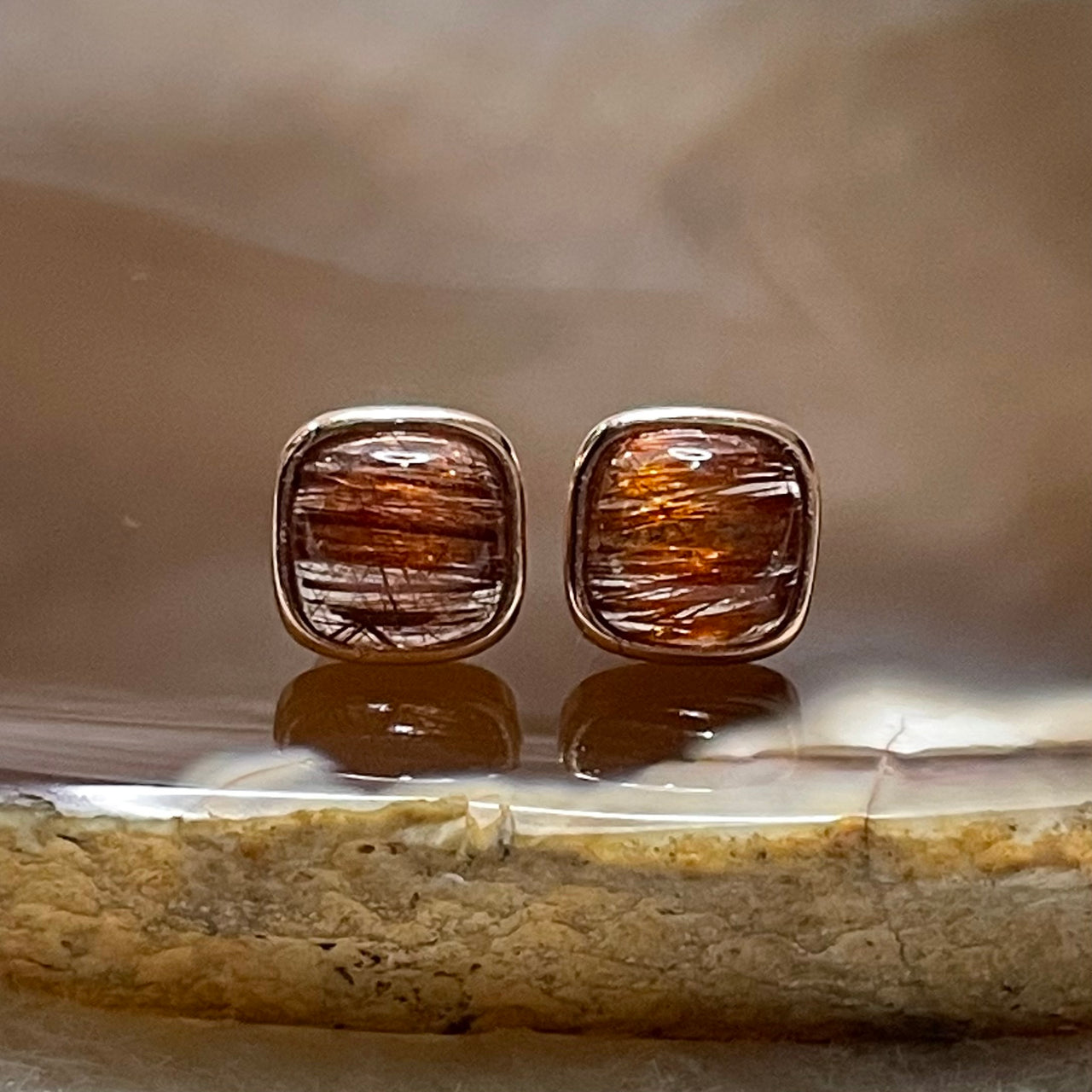 Natural Copper Rutilated Quartz 铜发晶 925 Silver Earrings 0.98g 7.1 by 7.2 by 3.4mm - Huangs Jadeite and Jewelry Pte Ltd