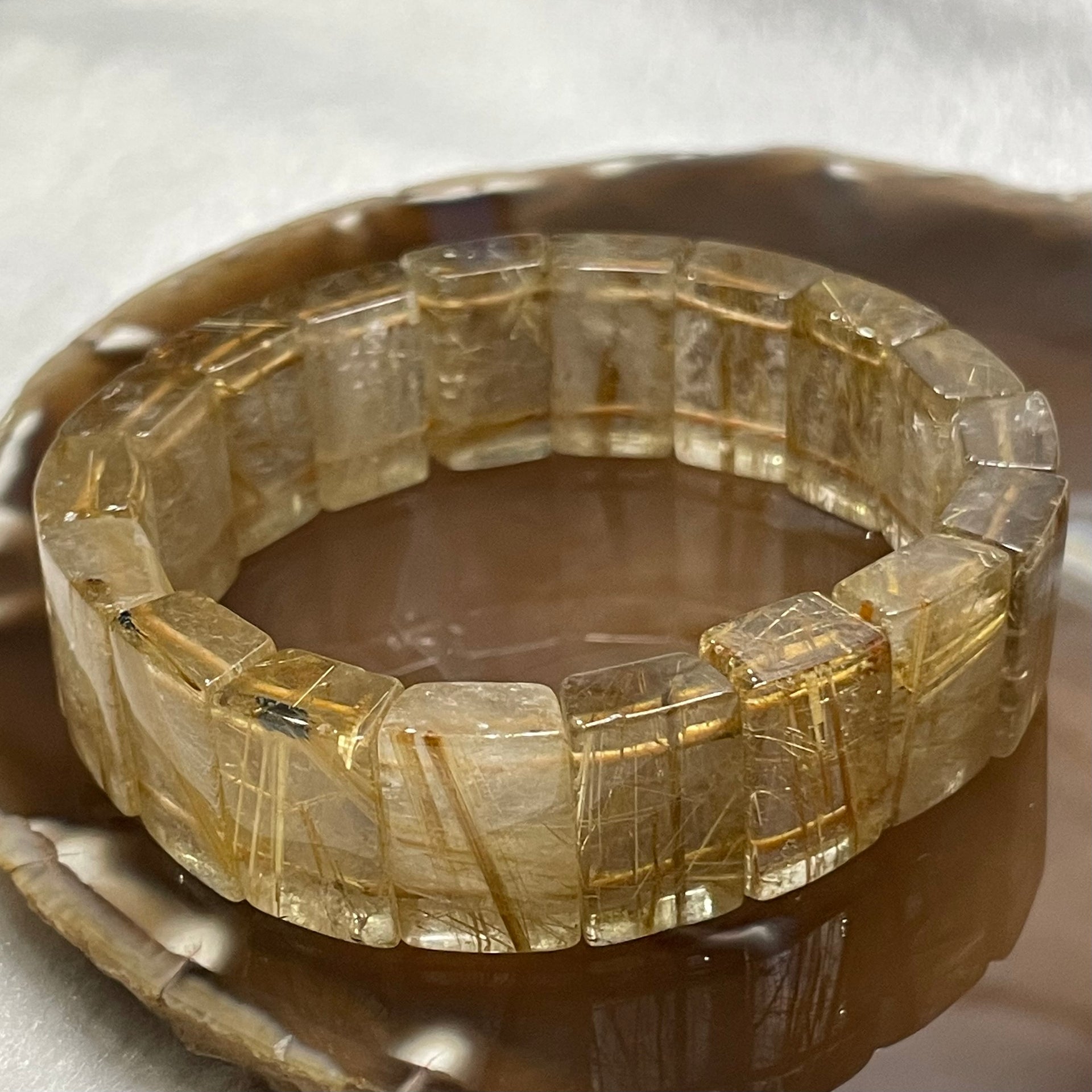 Natural Golden Rutilated Quartz Bracelet 手牌 - 74.57g 18.2 by 7.7mm/piece 18 pieces - Huangs Jadeite and Jewelry Pte Ltd