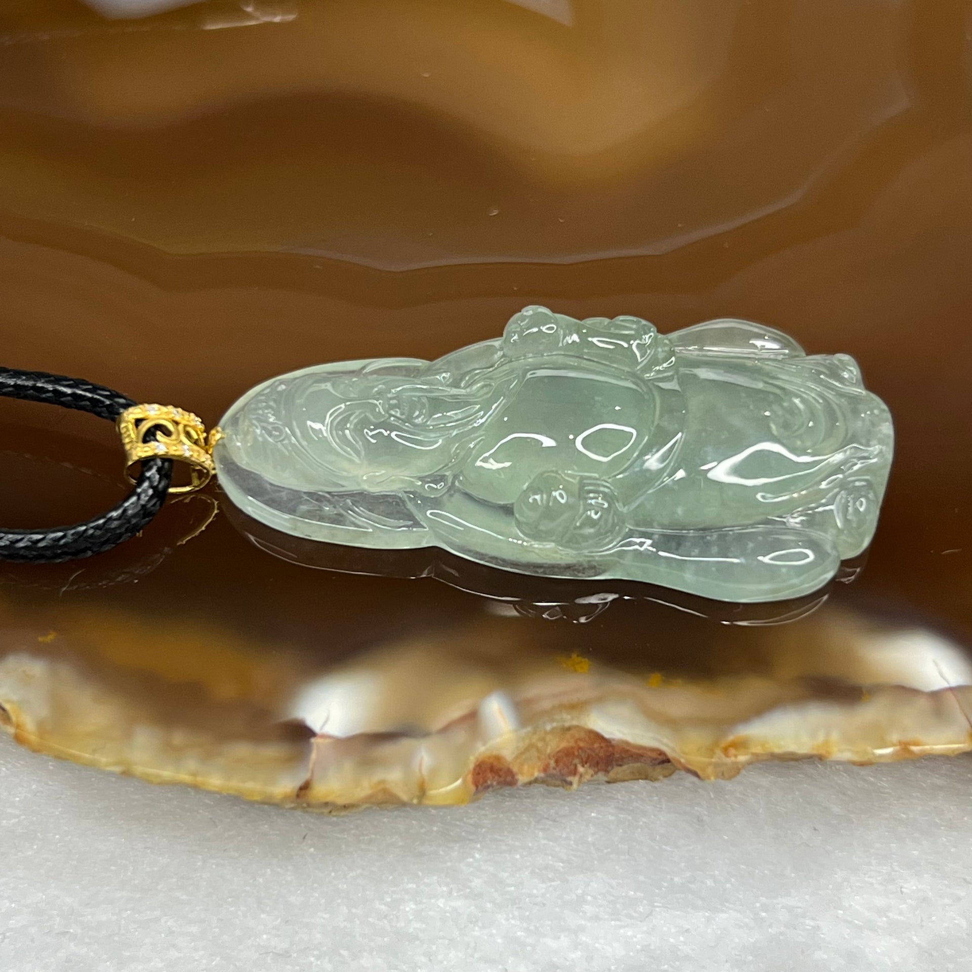 Type A Icy Green Cai Shen Ye Jade Jadeite Pendant with 18k Gold Clasp 8.90g 39.2 by 19.4 by 6.2 mm - Huangs Jadeite and Jewelry Pte Ltd