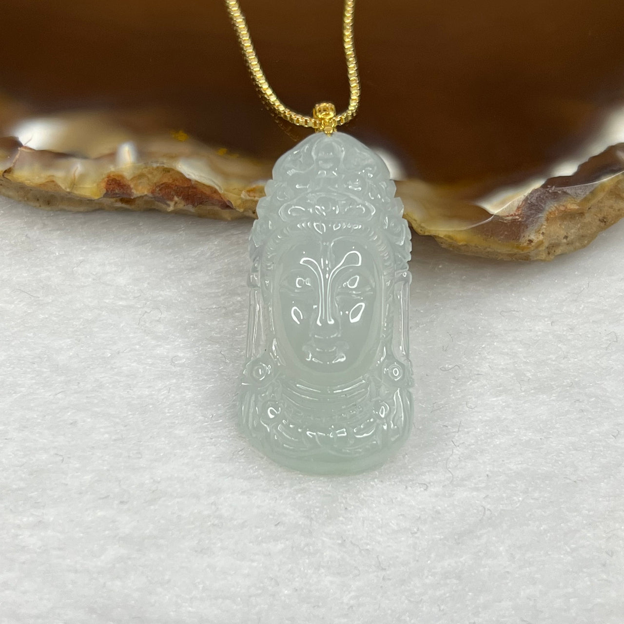 Type A Semi Icy Green Jade Jadeite Guan Yin Head Pendant with 18k Gold Clasp - 7.28g 13.8 by 16.3 by 6.7 mm - Huangs Jadeite and Jewelry Pte Ltd