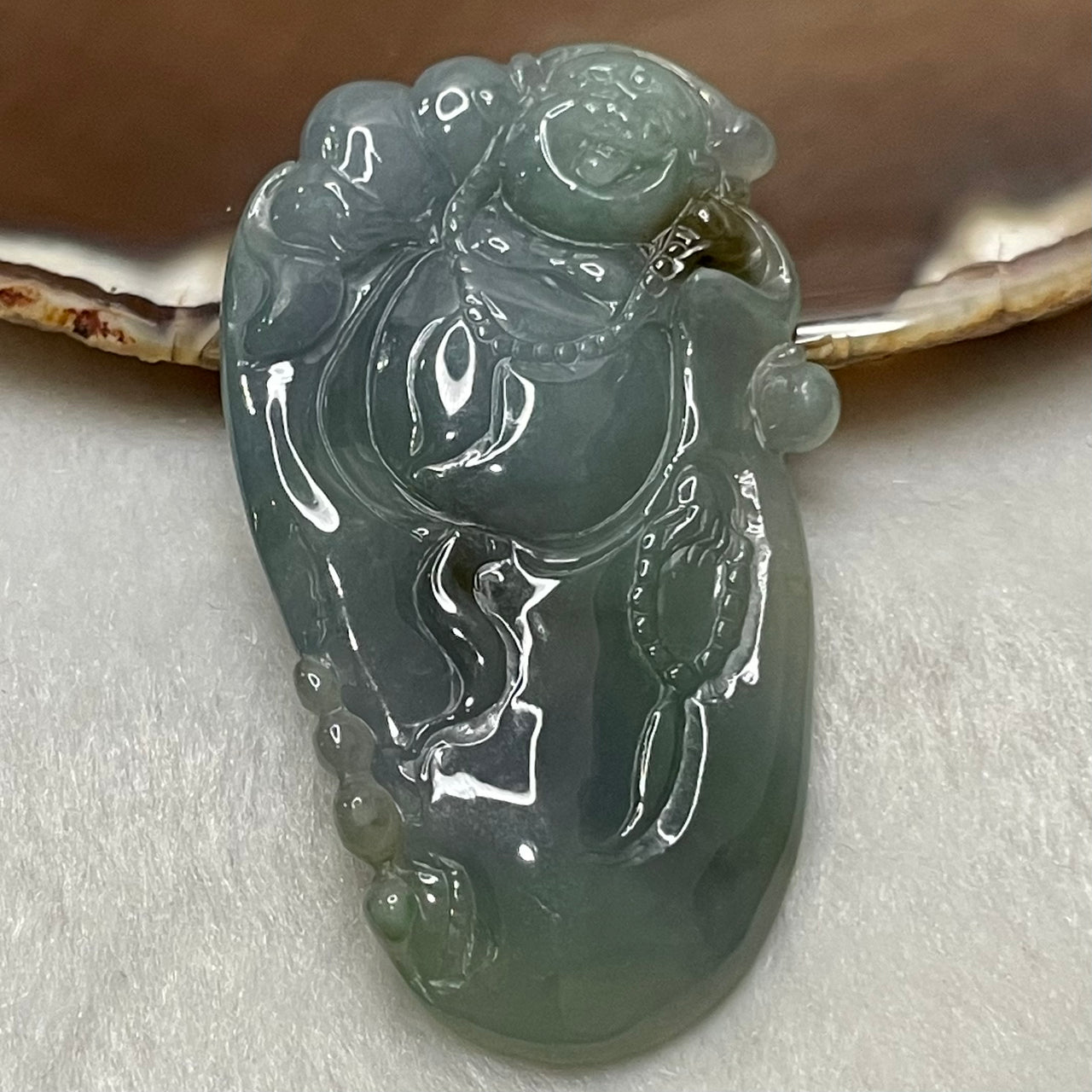 High Quality Type A Lavender, Blueish Green & Yellow Jade Jadeite Milo Laughing Buddha Pendant with NGI Cert - 22.87g 62.8 by 35.6 by 9.0mm - Huangs Jadeite and Jewelry Pte Ltd