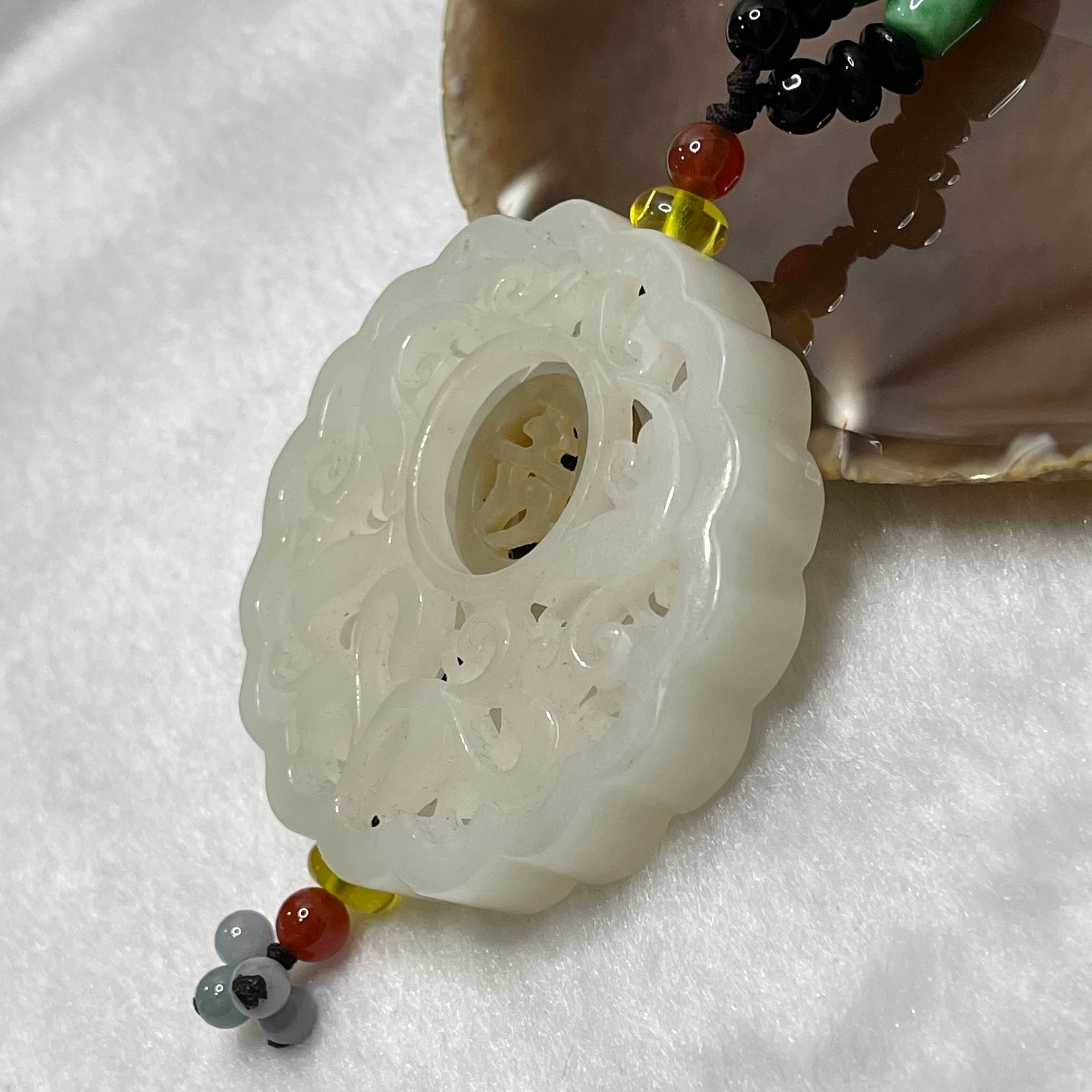 Natural Nephrite Hollow Carving 吉祥 Jade Necklace - 56.77g 58.0 by 58.0 by 11.1mm - Huangs Jadeite and Jewelry Pte Ltd