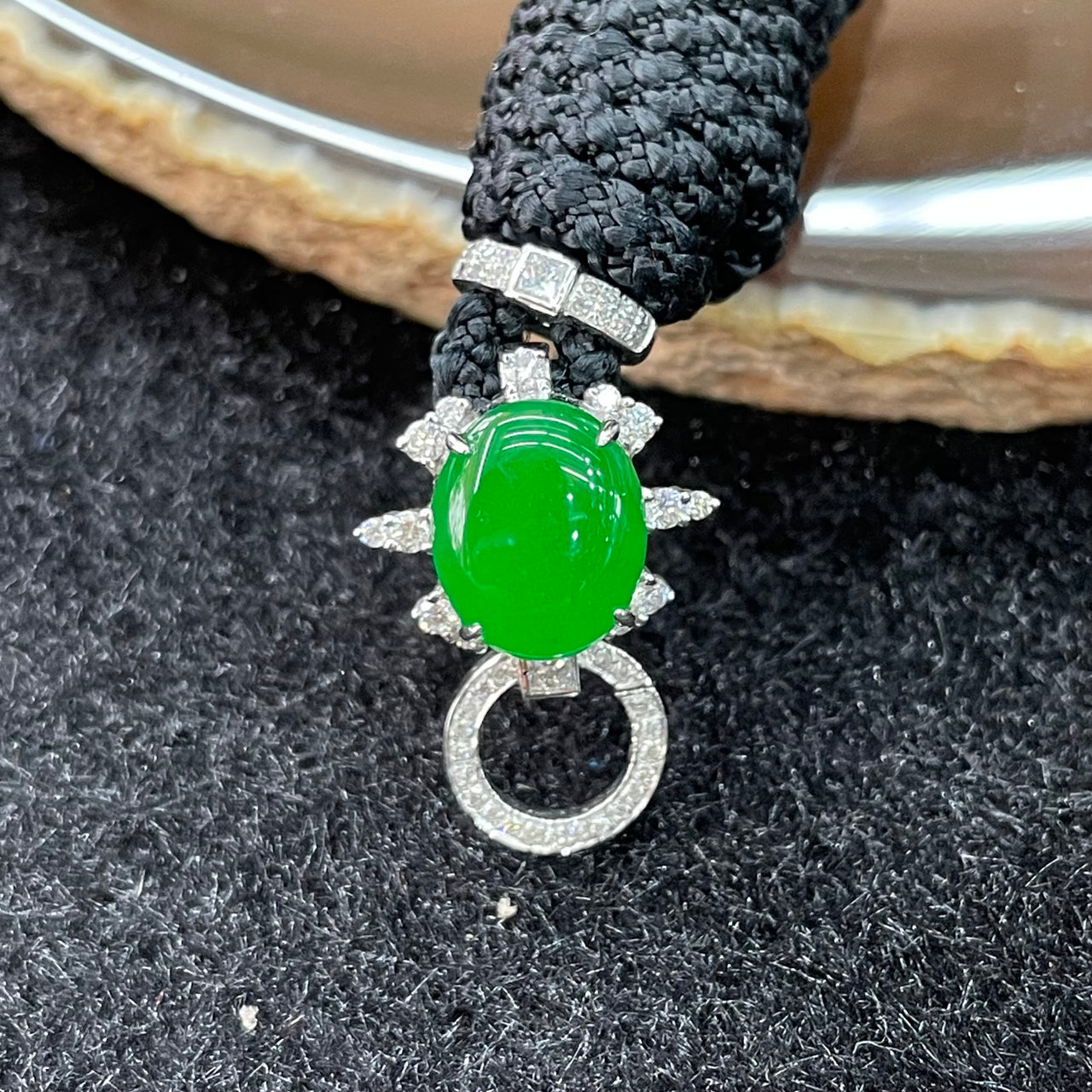 Type A Burmese Jade Jadeite 18k gold with diamonds adapter - 6.3G size of jade 9.6 by 7.8mm - Huangs Jadeite and Jewelry Pte Ltd