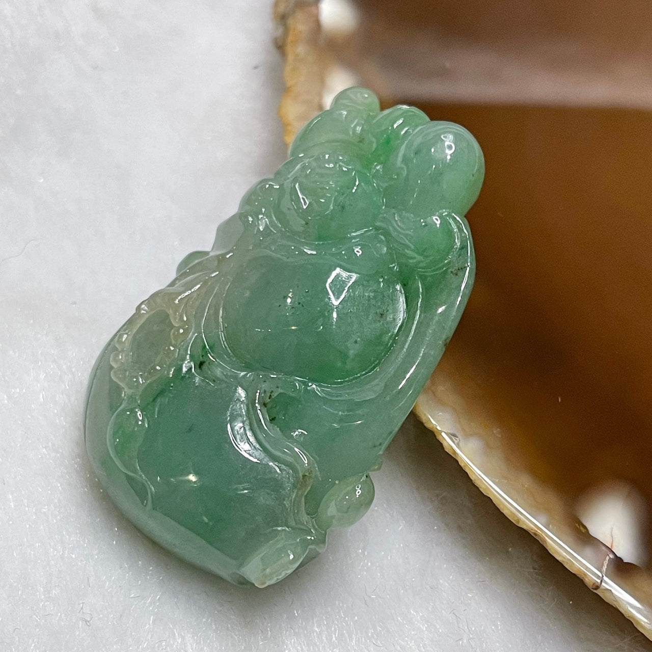 Type A Semi Icy Green Jade Jadeite Milo Buddha Buddhist Blessing 20.39g 43.3 by 28.6 by 9.9mm - Huangs Jadeite and Jewelry Pte Ltd