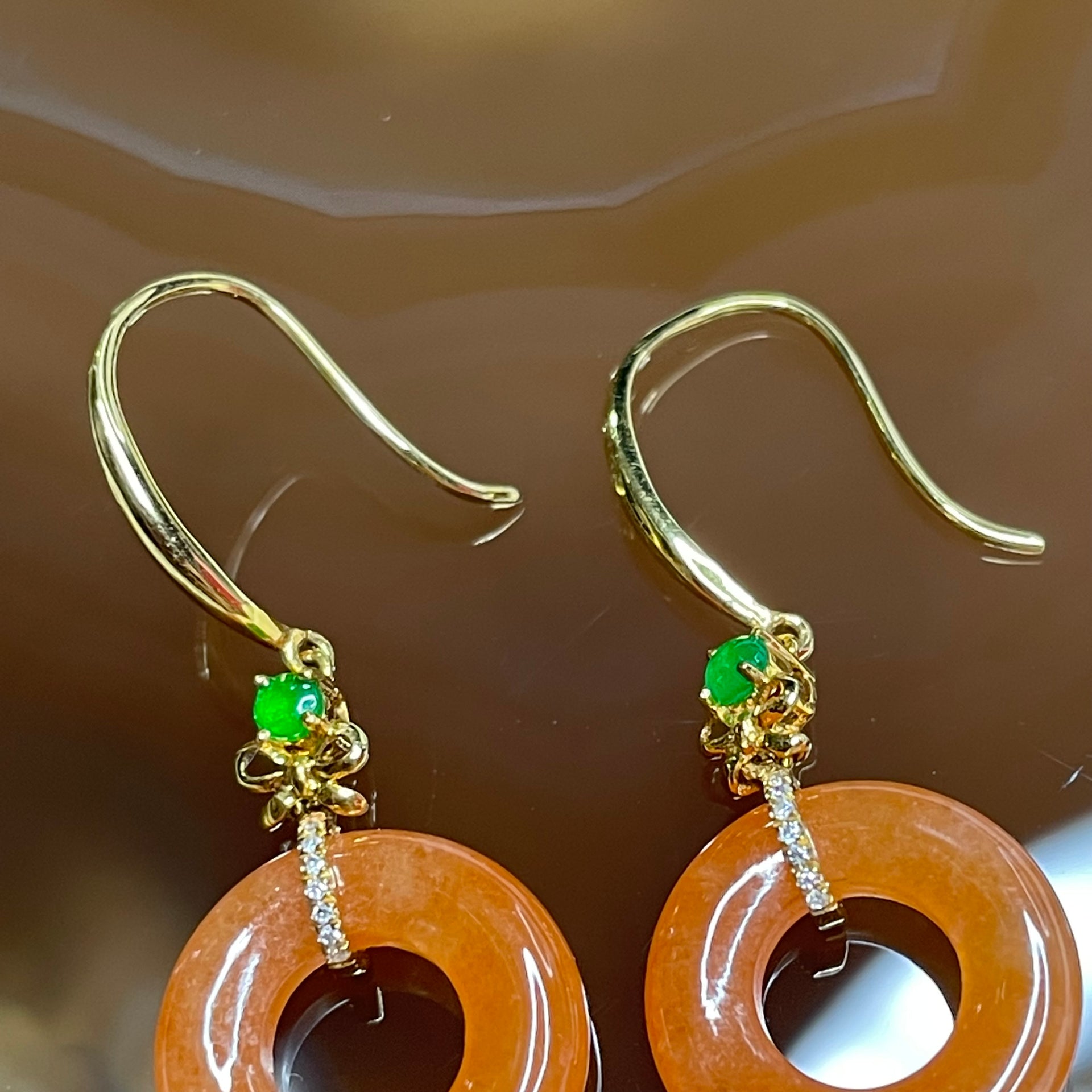 Type A Semi Icy Red Ping An Kou Jade Jadeite Earrings 18k Yellow Gold 3.04g 32.3 by 13.4 by 3.3mm - Huangs Jadeite and Jewelry Pte Ltd