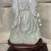 Type A Lavender, Green & Yellow Jade Jadeite Shou Xing Gong with Wooden Stand 财源滚滚 健康长寿 - 3.93kg Dimensions with Stand: 39 by 25 by 15cm Jade Dimensions: 27 by 15 by 7cm - Huangs Jadeite and Jewelry Pte Ltd