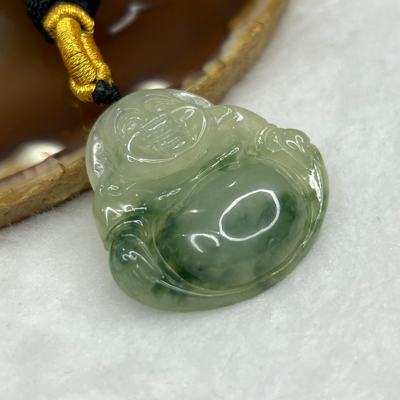 Type A ICY Green Piao Hua Jade Jadeite Milo Buddha Pendant -15.70g 34.3 by 35.5 by 7.7 mm - Huangs Jadeite and Jewelry Pte Ltd