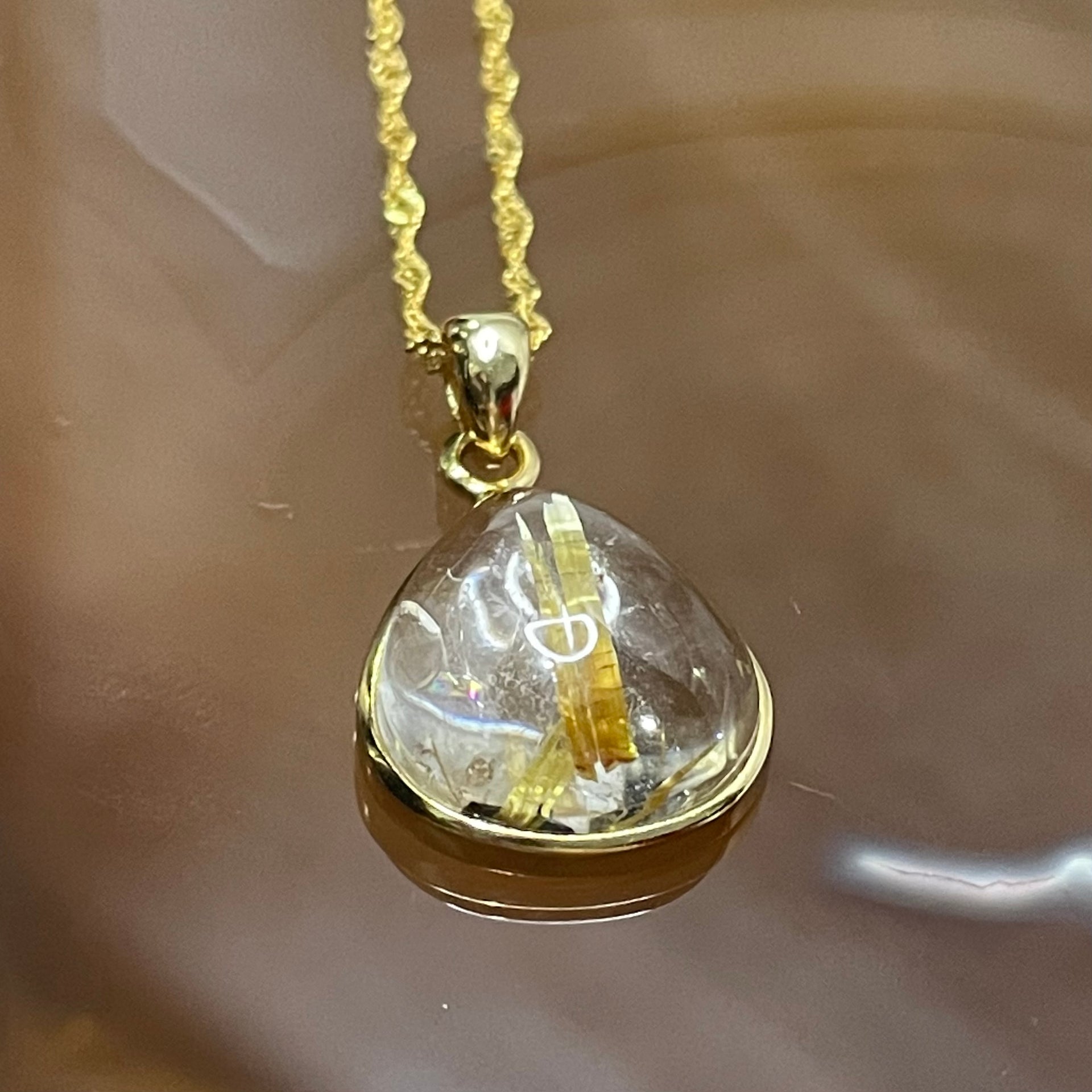 Natural Golden Rutilated Quartz 钛金 925 Silver Pendant & Chain 3.24g 22.1 by 13.5 by 6.3mm - Huangs Jadeite and Jewelry Pte Ltd