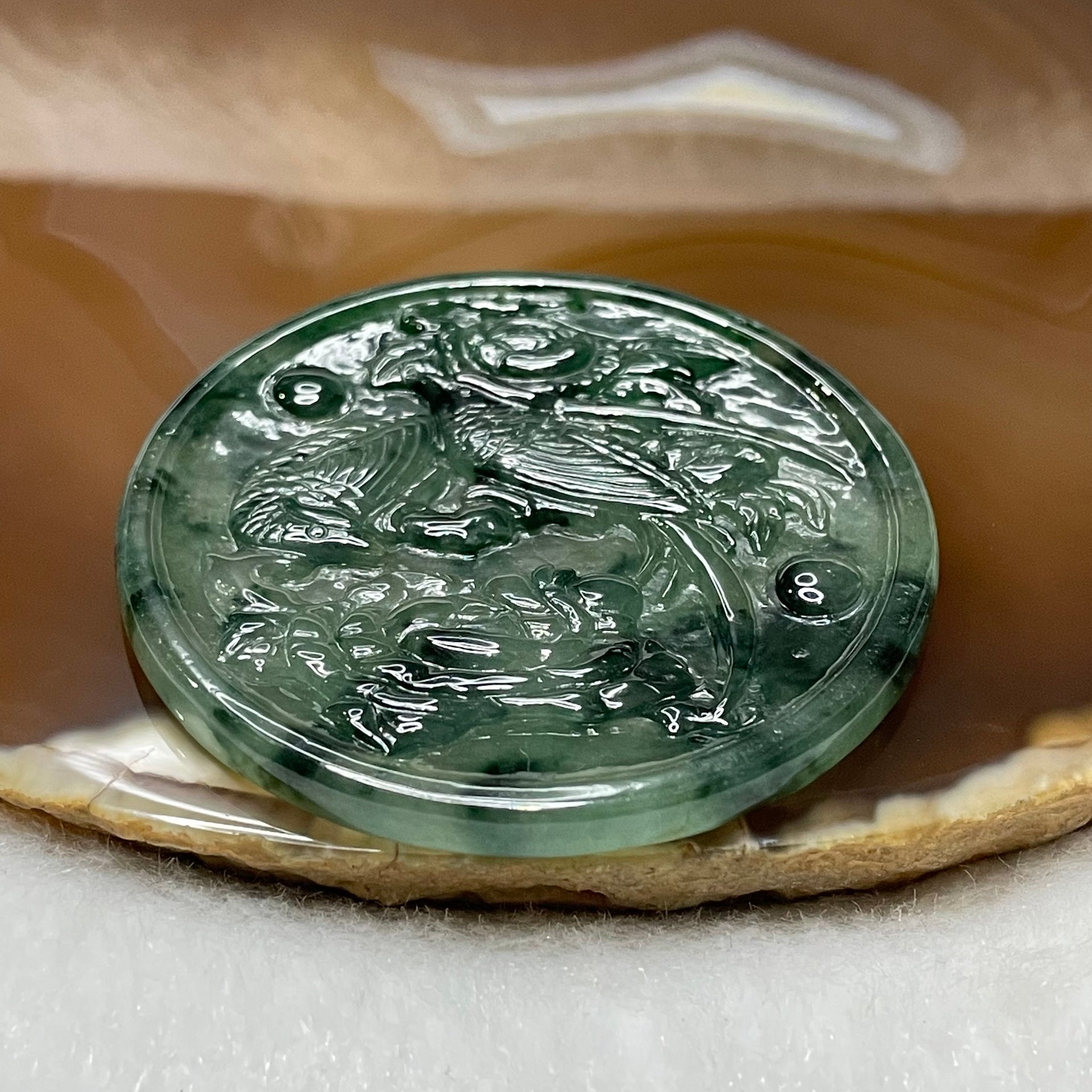 Type A Semi Icy Green Piao Hua Jade Jadeite Magpie 22.6g 51.8 by 51.8 by 4.0mm - Huangs Jadeite and Jewelry Pte Ltd