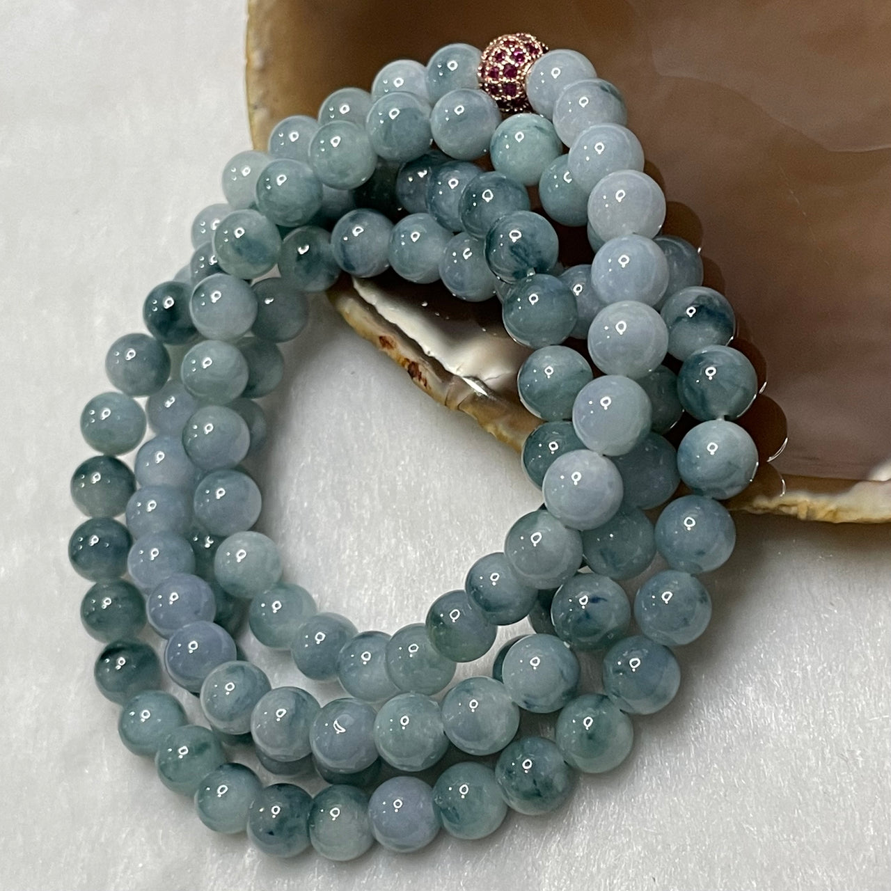 Type A Semi Icy Lavender with Green patches Jade Jadeite Necklace 63.21g 7.0mm/bead 108 beads - Huangs Jadeite and Jewelry Pte Ltd