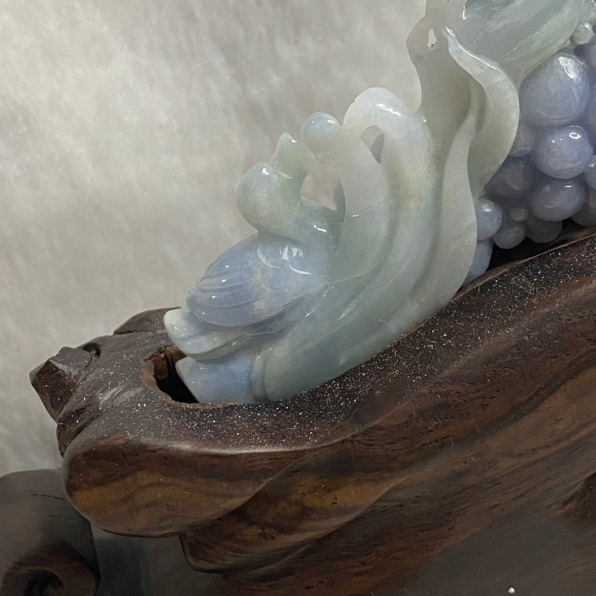 Rare Type A Deep Blueish Lavender Grapes & Duck 152.3G 44.2 by 23.6 by 10.8mm with wooden stand total 730.2g 168.4 by 78.8 by 153.0mm - Huangs Jadeite and Jewelry Pte Ltd