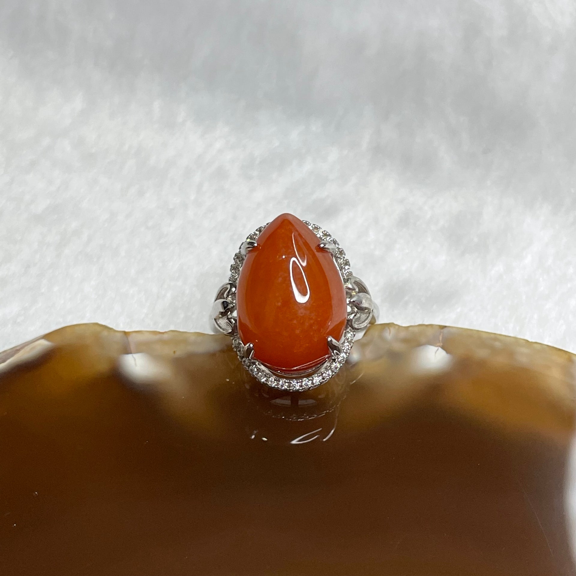 Type A Red Jade Jadeite Tear drop shaped 925 sliver ring - 5.36g 18.9 by 11.8 by 10.7mm ring size adjustable - Huangs Jadeite and Jewelry Pte Ltd