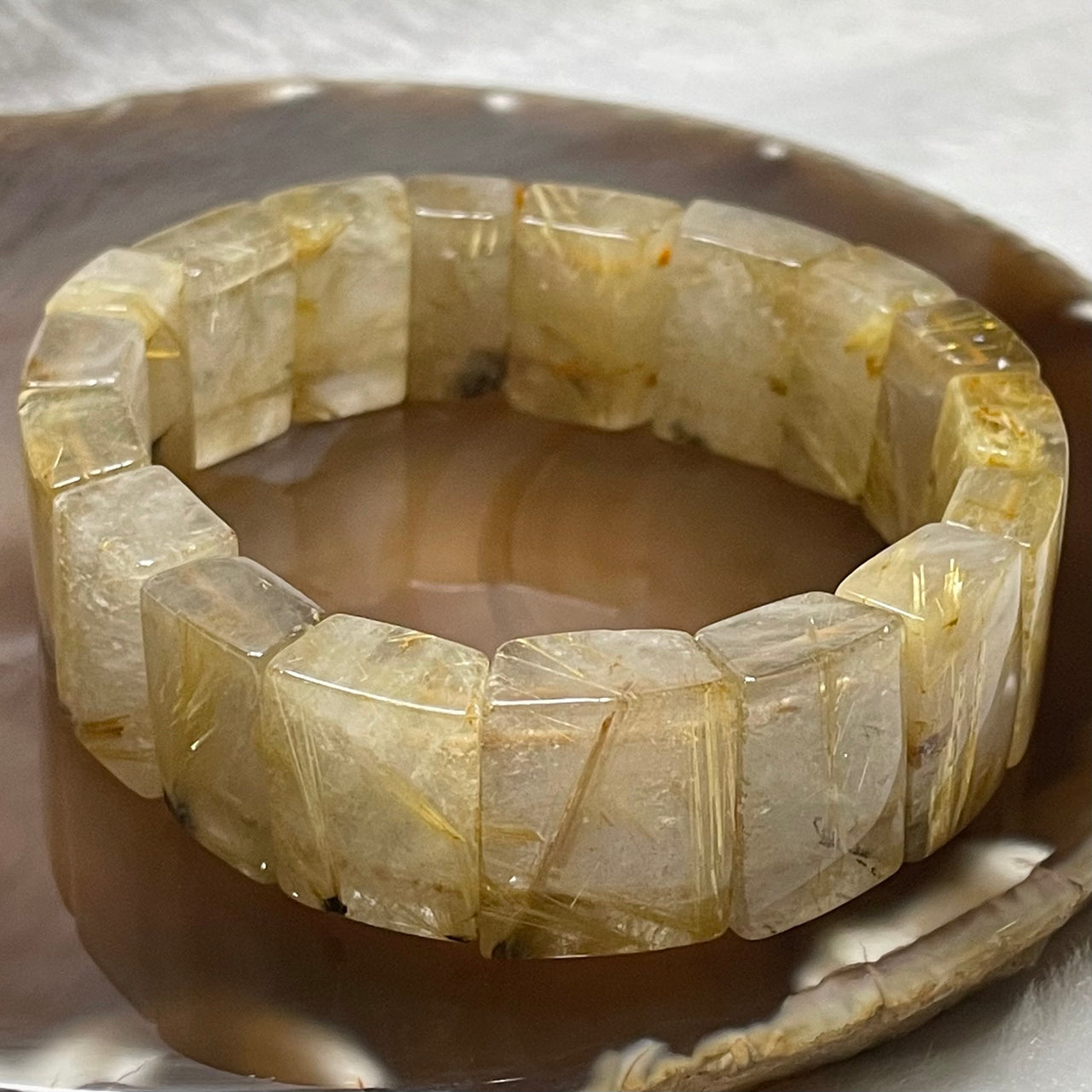 Natural Golden Rutilated Quartz Bracelet 手牌 - 75.17g 18.6 by 13.4 by 8.1mm/piece 18 pieces - Huangs Jadeite and Jewelry Pte Ltd