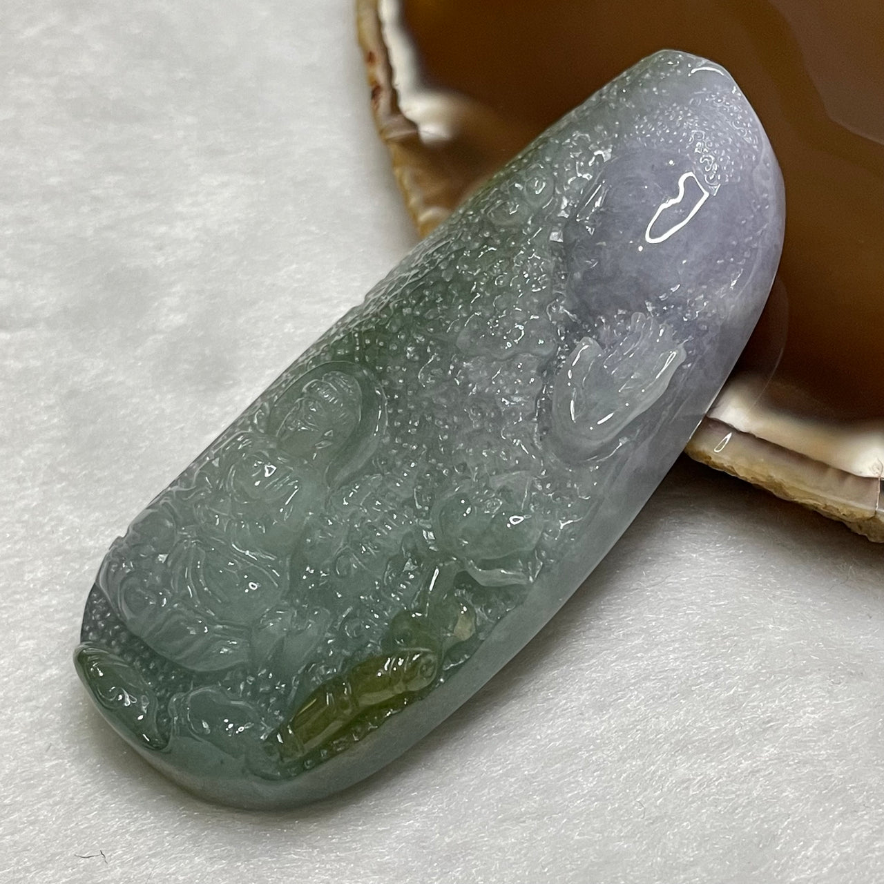 Type A Lavender & Green Buddha 悟 62.2g 75.5 by 36.8 by 11.4mm - Huangs Jadeite and Jewelry Pte Ltd