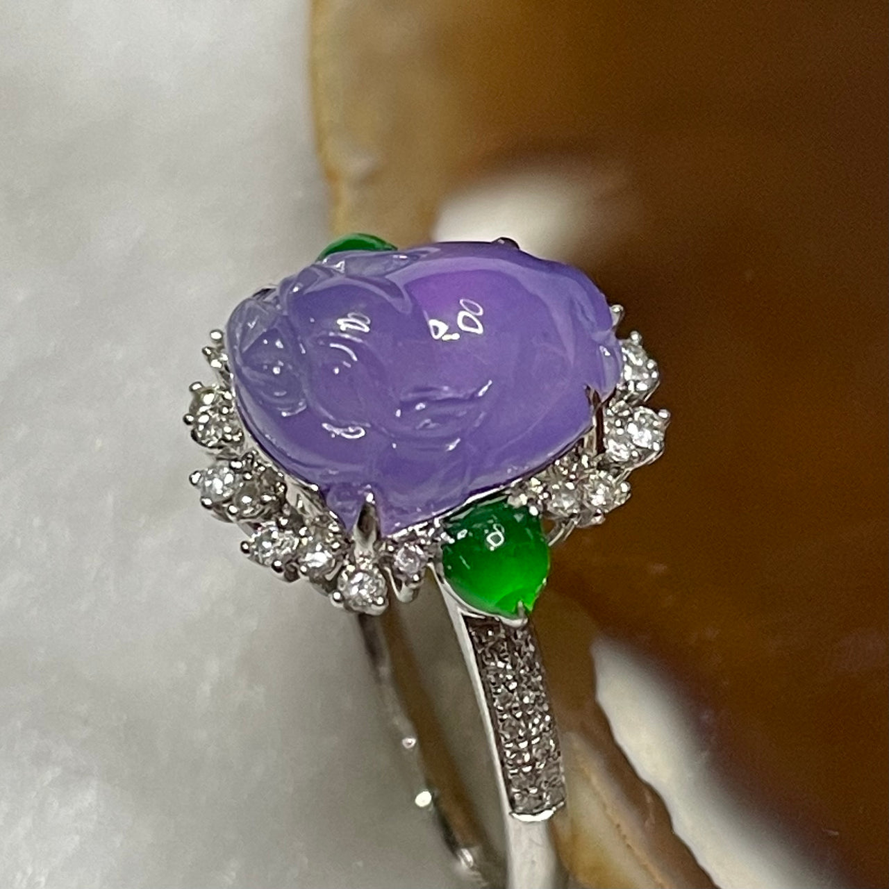 RARE Type A Semi Icy Lavender & Green Jade Jadeite Pixiu Ring 18k White gold & diamonds with NGI Cert 3.85g Dimensions of Pixiu 10.9 by 8.8 by 4.8mm US6 HK13 Inner Diameter 16.9mm - Huangs Jadeite and Jewelry Pte Ltd