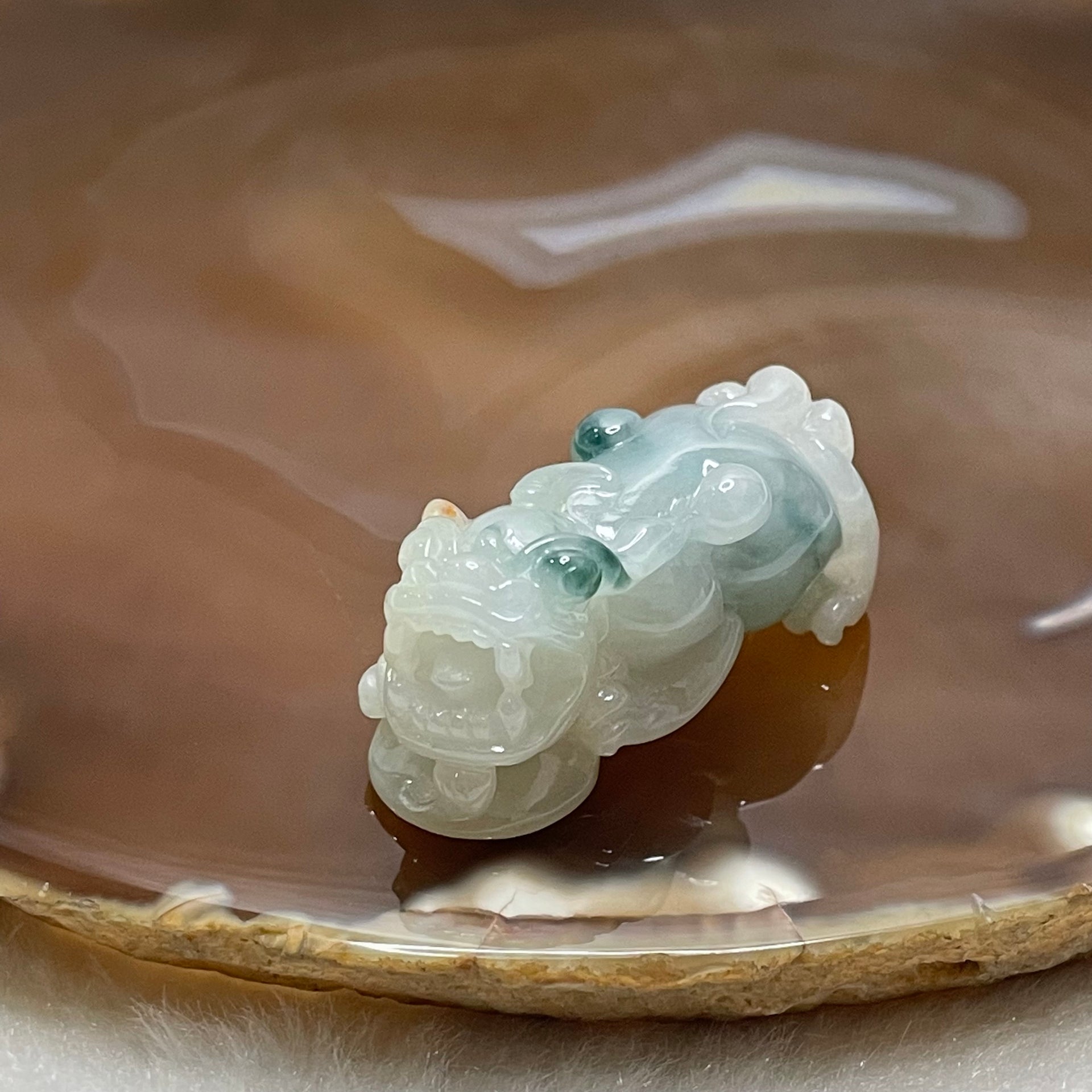 Type A Faint Green Piao Hua with Brownish Red Spots Jade Jadeite Pixiu Charm - 17.3g 37.9 by 16.1 by 18.2mm - Huangs Jadeite and Jewelry Pte Ltd