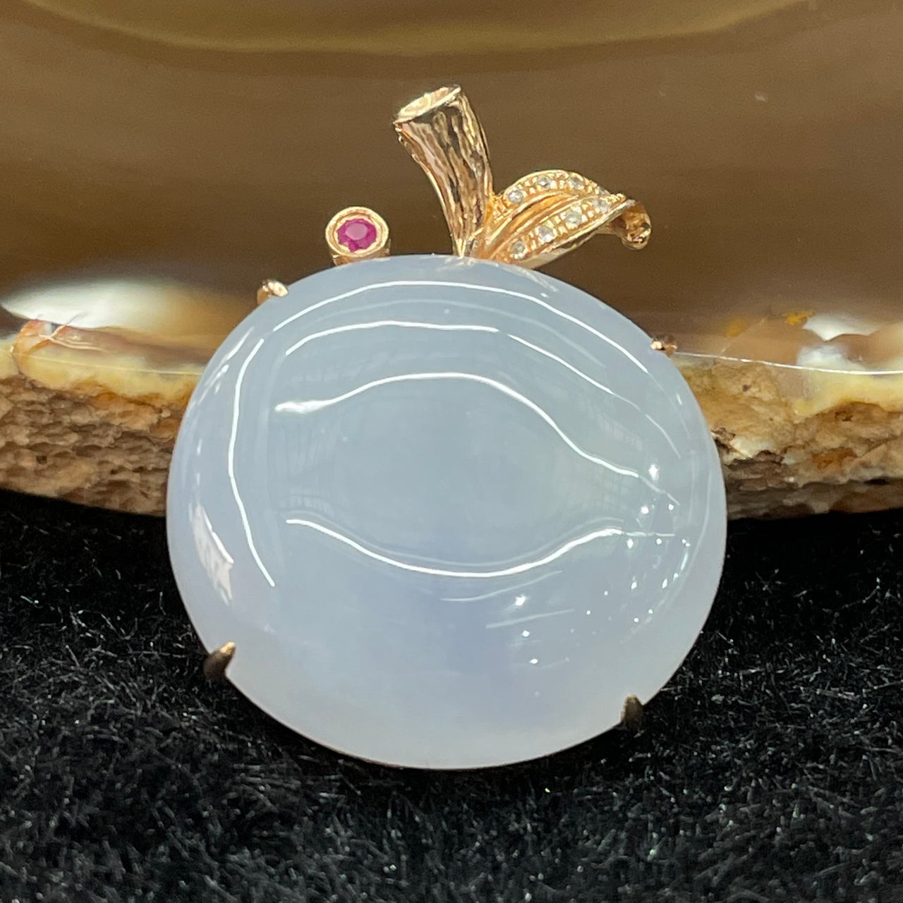 Type A Burmese Jade Jadeite Lavender Apple set in 18k rose gold - 8.43g 21.4 by 23.1 by 7.7mm - Huangs Jadeite and Jewelry Pte Ltd