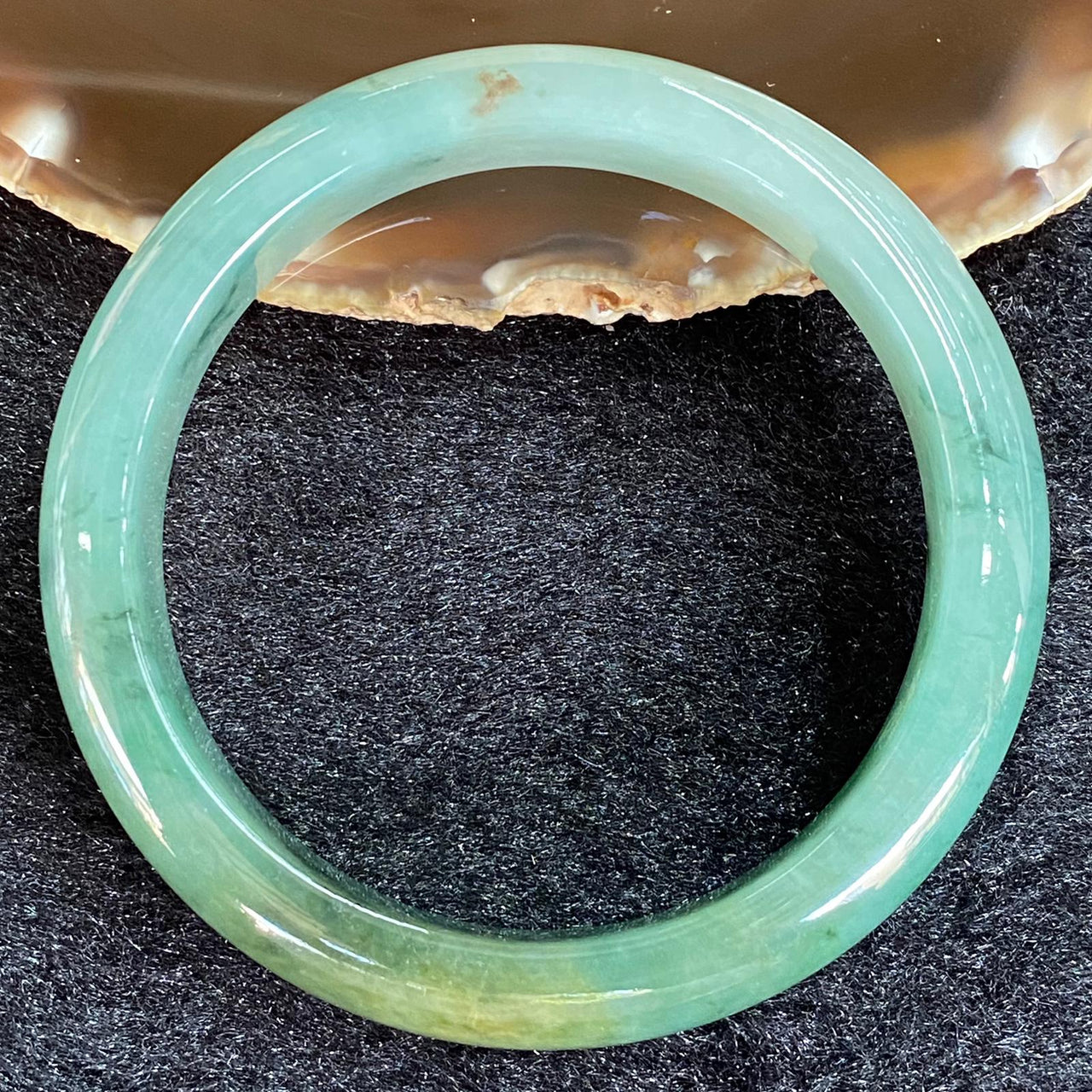 Type A Semi ICY Green Piao Hua Jadeite Bangle 53.95g Inner Diameter 57.1mm Thickness 12.6 by 8.1mm - Huangs Jadeite and Jewelry Pte Ltd