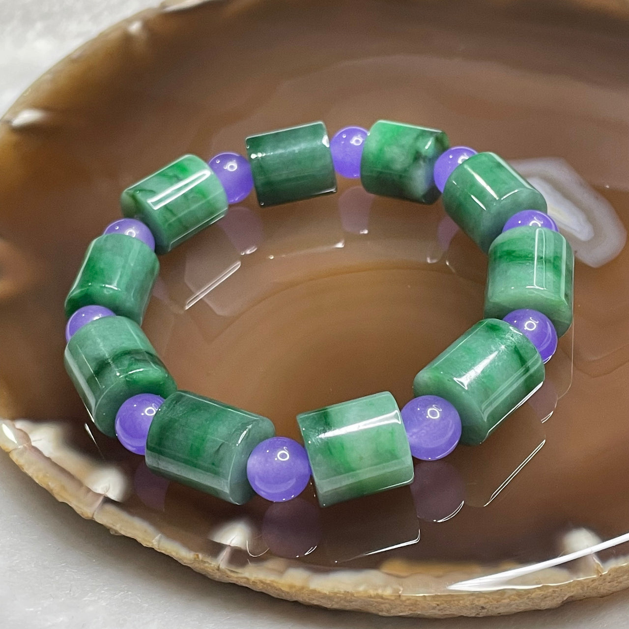 Type A Green Jade Jadeite Barrel Bracelet 49.93g 12.7 by 12.1mm 10 barrels - Huangs Jadeite and Jewelry Pte Ltd